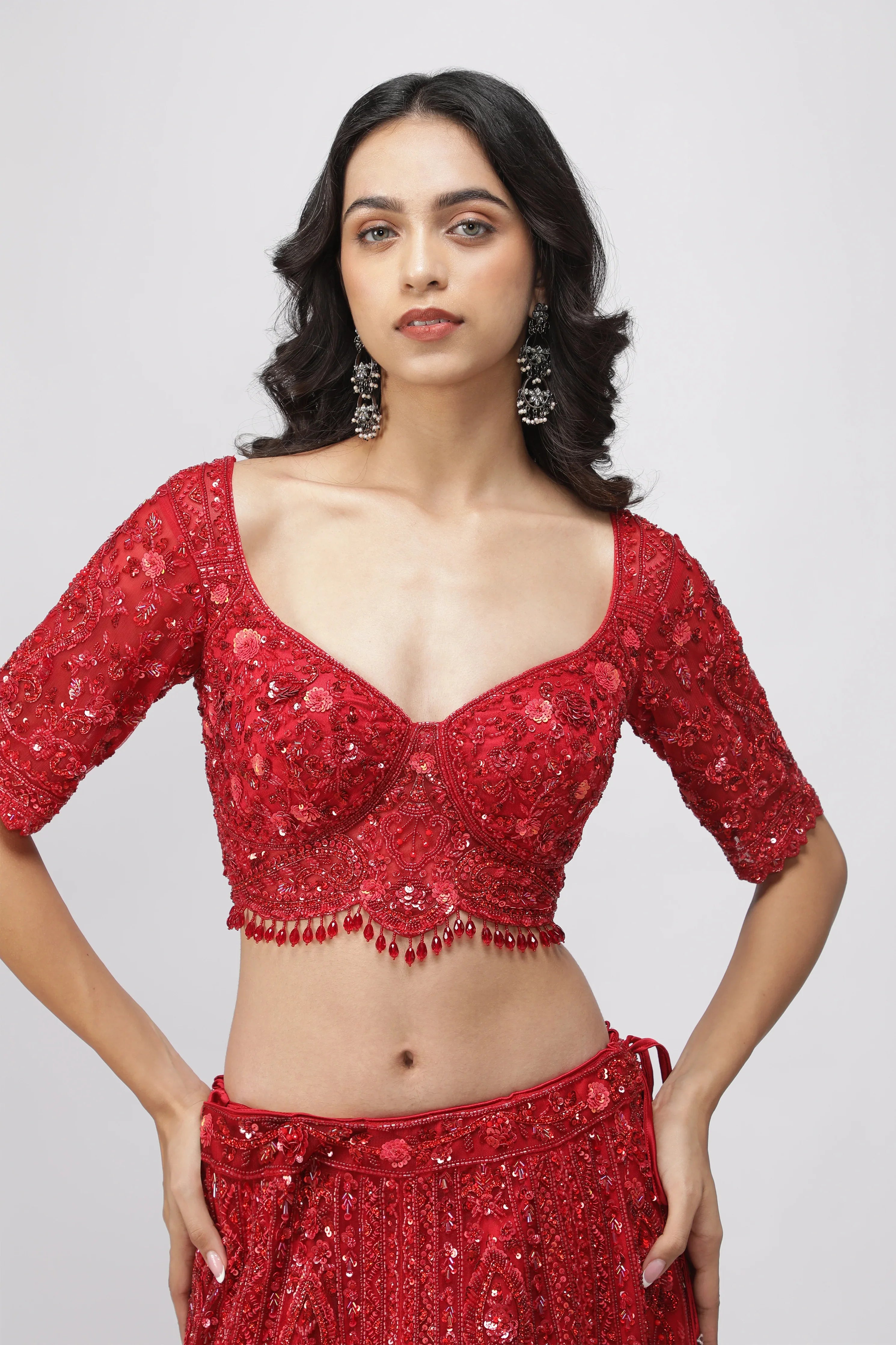 Red Net Sequin Embroidered Bridal Lehenga Set - Mokshaa
