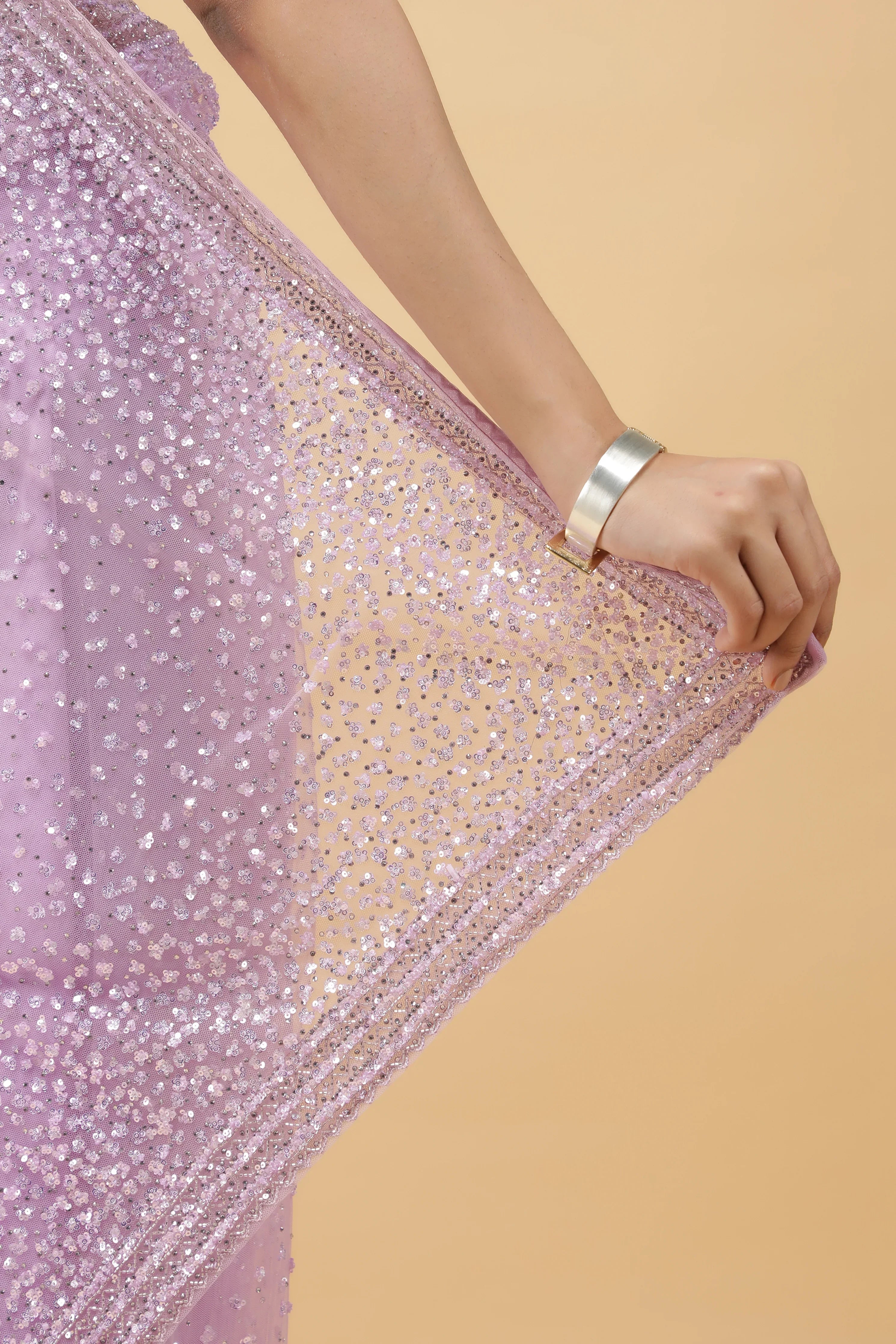 Light Lavender Net Saree with All Over Sequins - Mokshaa