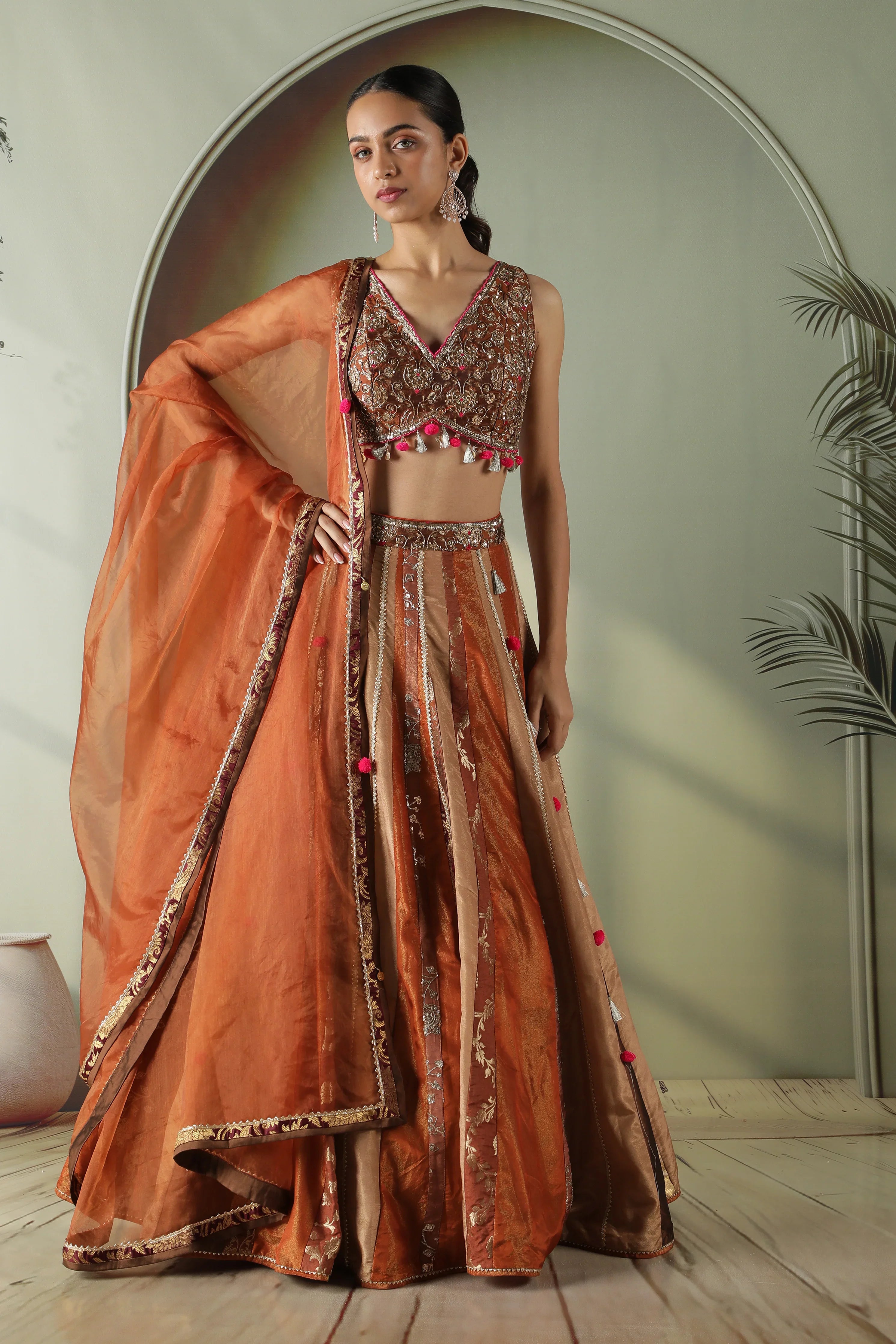 Rust Tissue & Banarasi Lehenga Set - Mokshaa