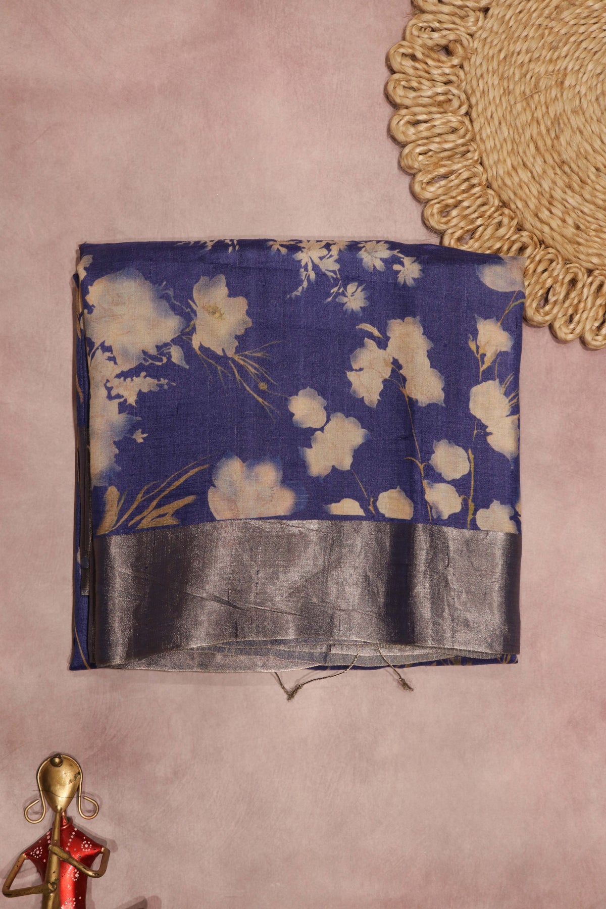Ink Blue Floral Tussar Silk Saree - Mokshaa