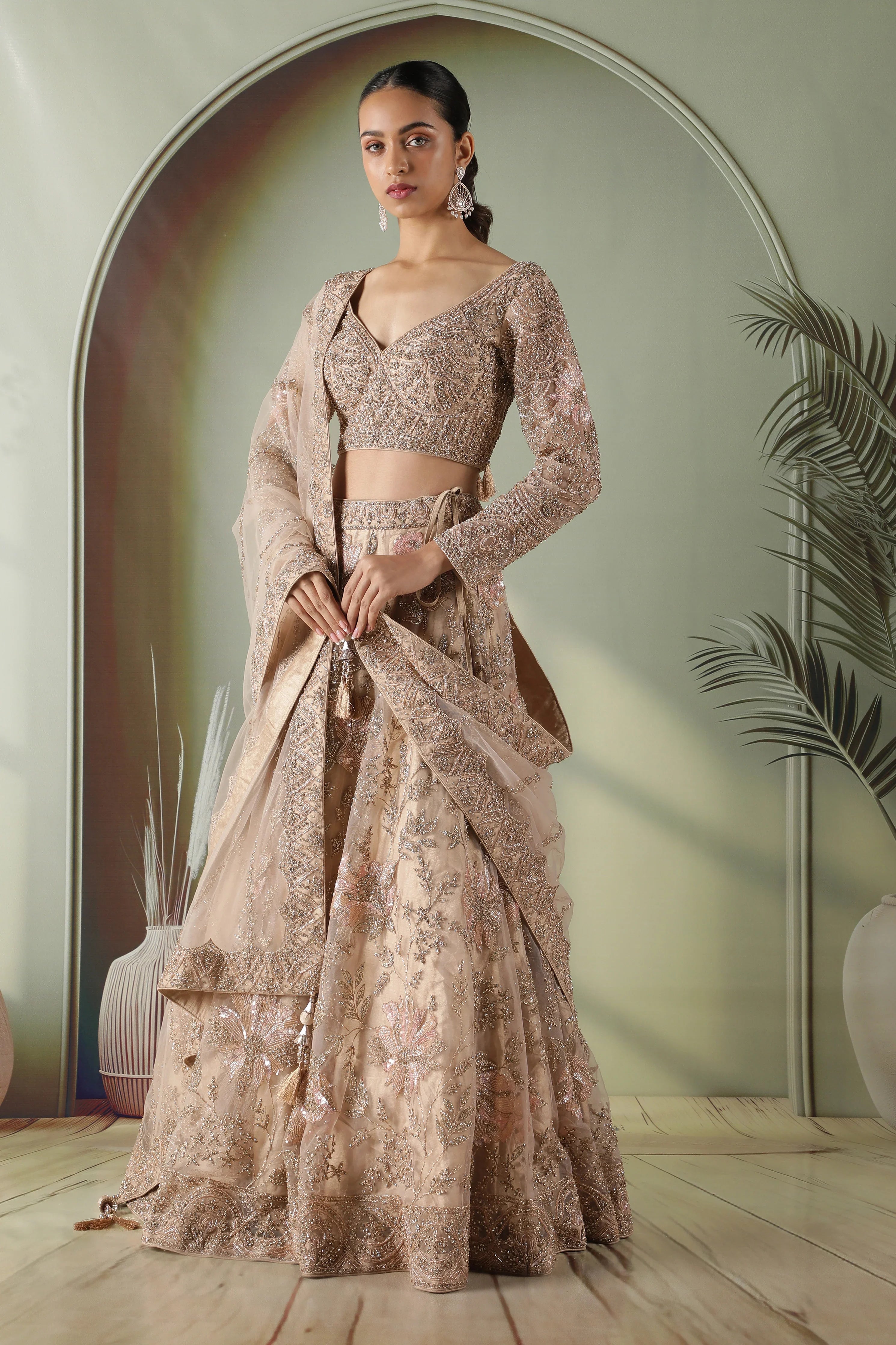 Champagne Gold Floral Embroidered Net Lehenga Set - Mokshaa