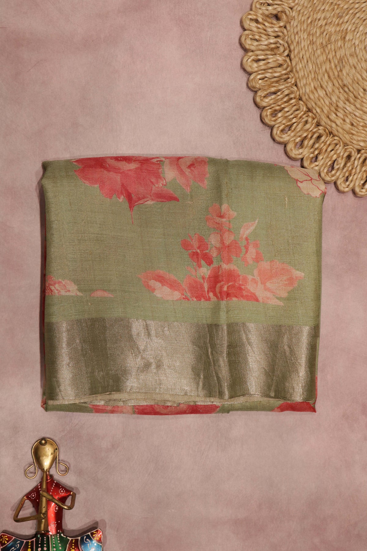 Green Tussar Silk Saree with Floral Print - Mokshaa