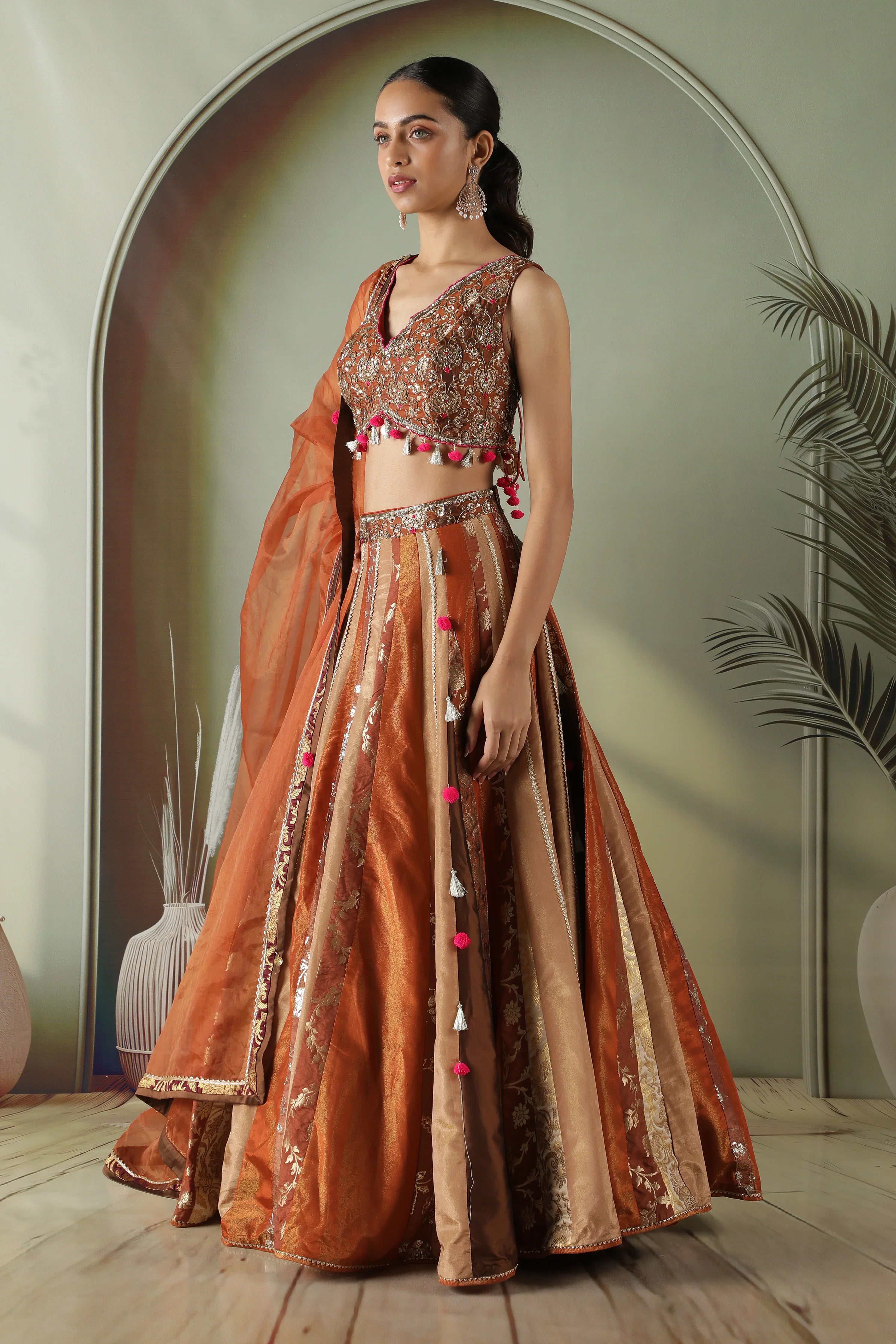 Rust Tissue & Banarasi Lehenga Set - Mokshaa