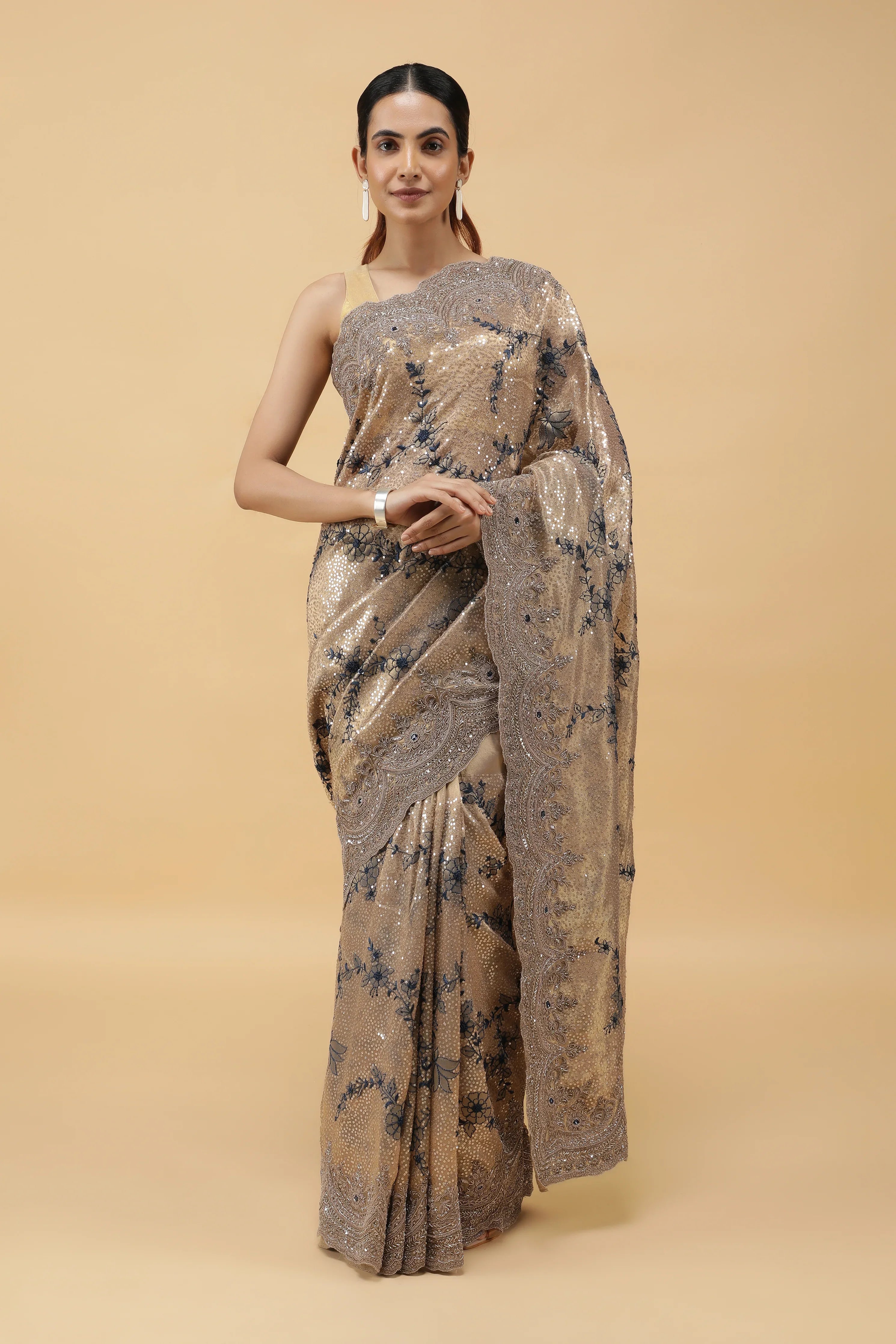 Gold Tissu Organza Saree with Sequins Embroidery & Zardhosi Border - Mokshaa