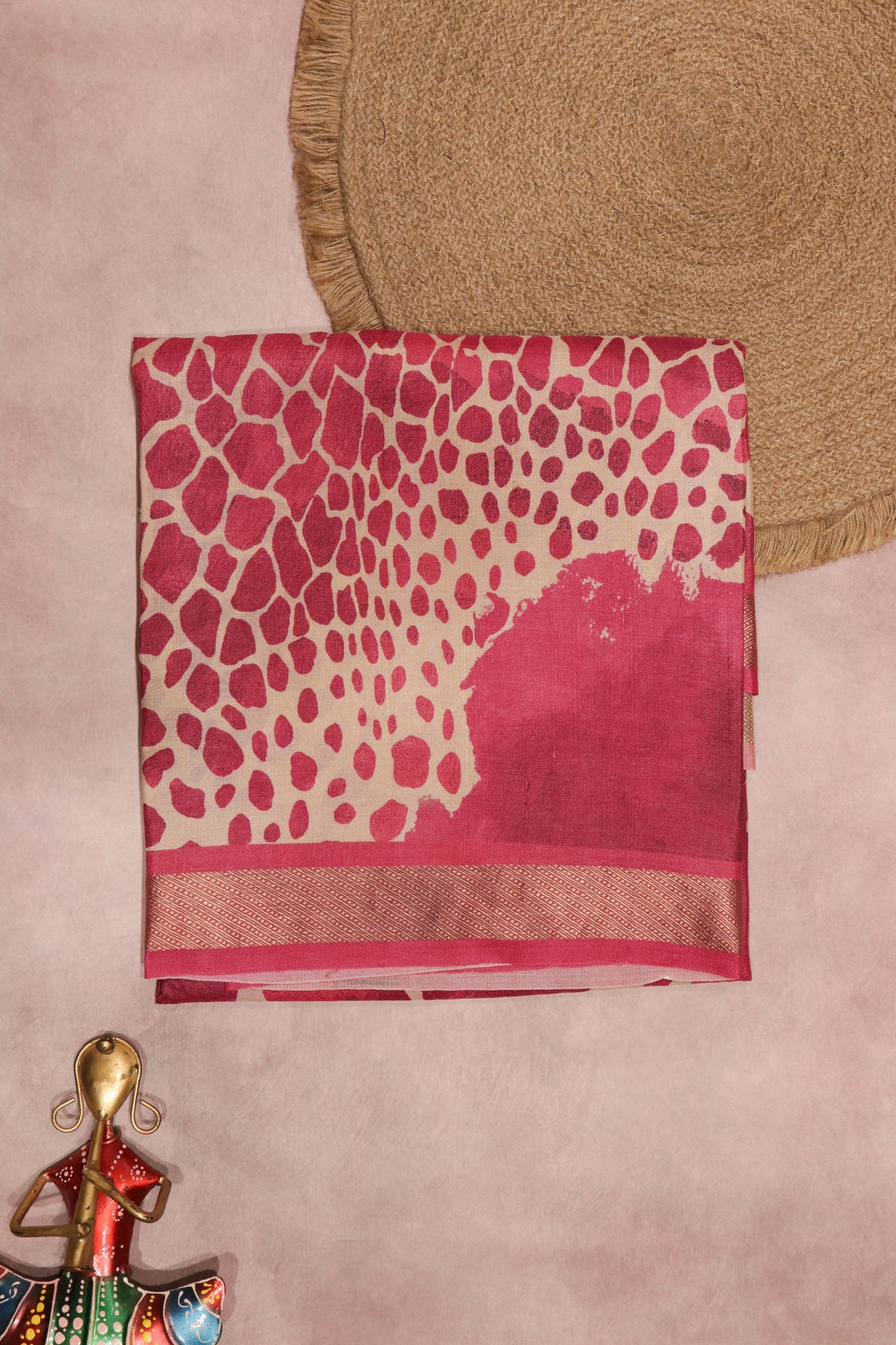 Magenta Pink Geometric Print Tussar Silk Saree - Mokshaa