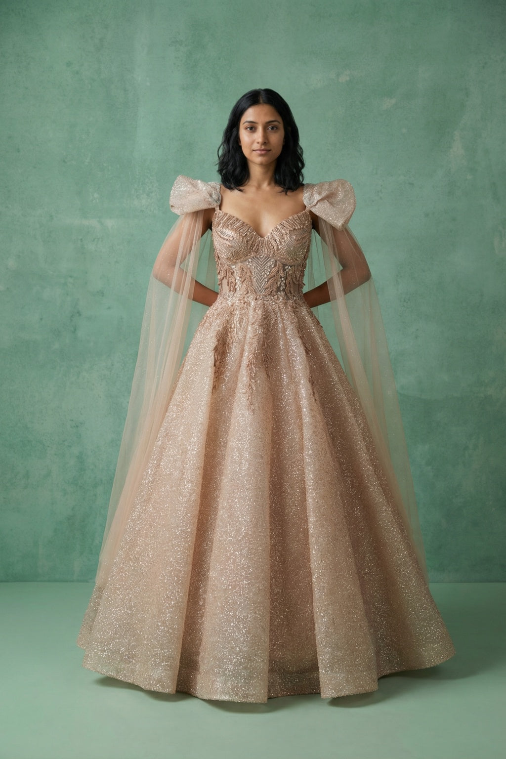 Peach Shimmer Gown with Pearl & Sequin Embroidery - Mokshaa
