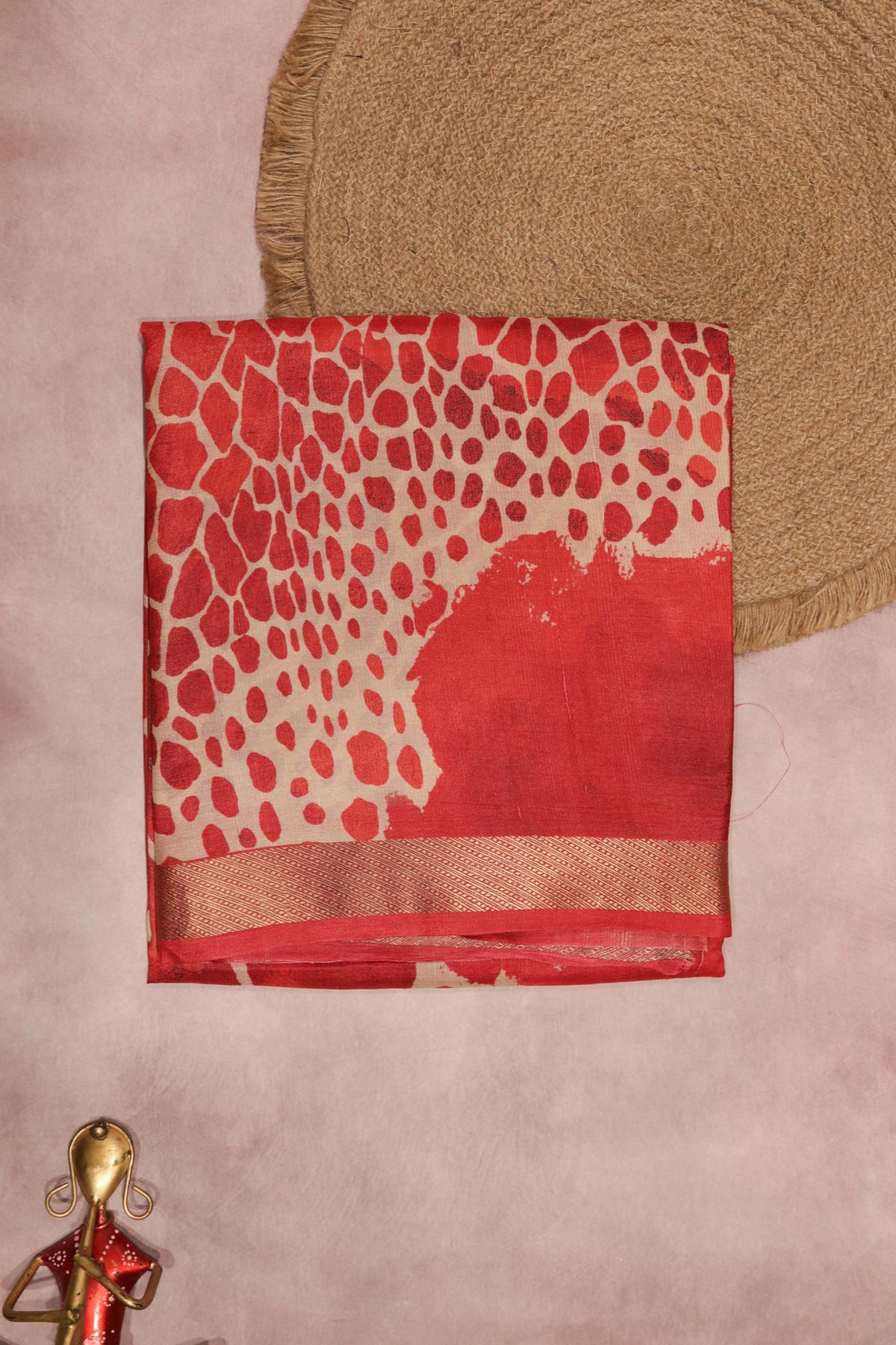 Red Geometric Print Tussar Silk Saree - Mokshaa