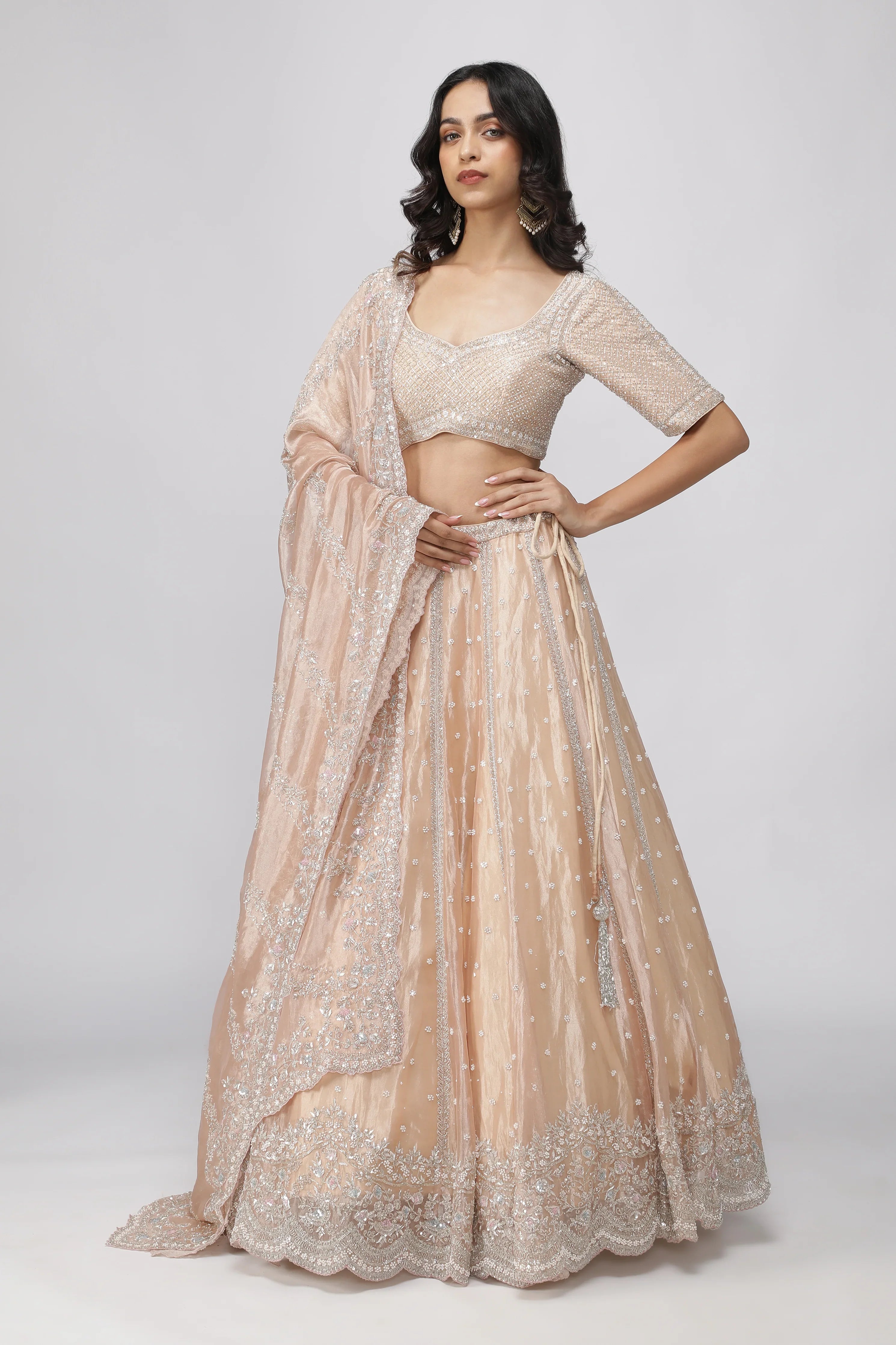 Peach Tissue Organza Lehenga Set - Mokshaa