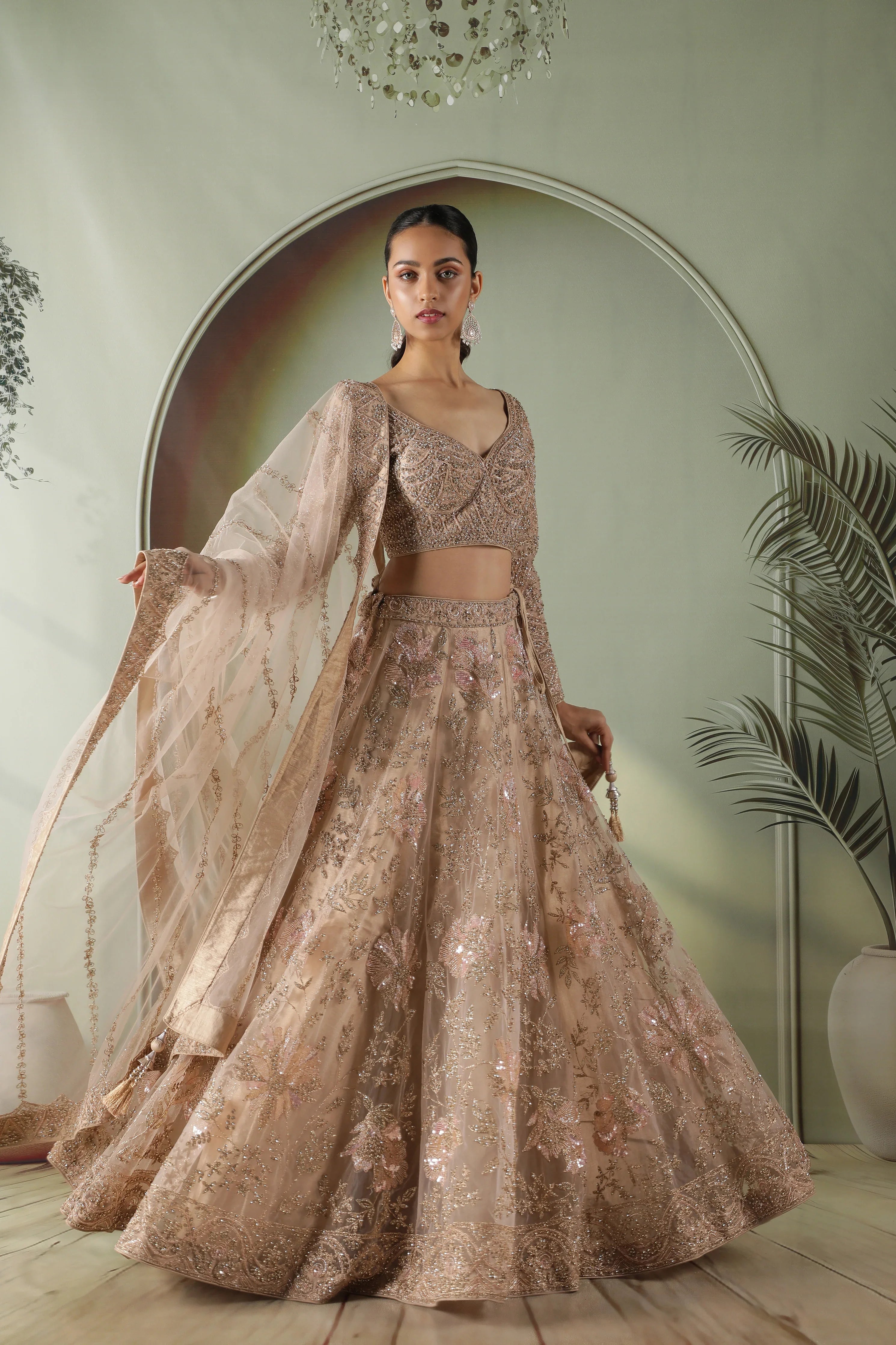 Champagne Gold Floral Embroidered Net Lehenga Set - Mokshaa