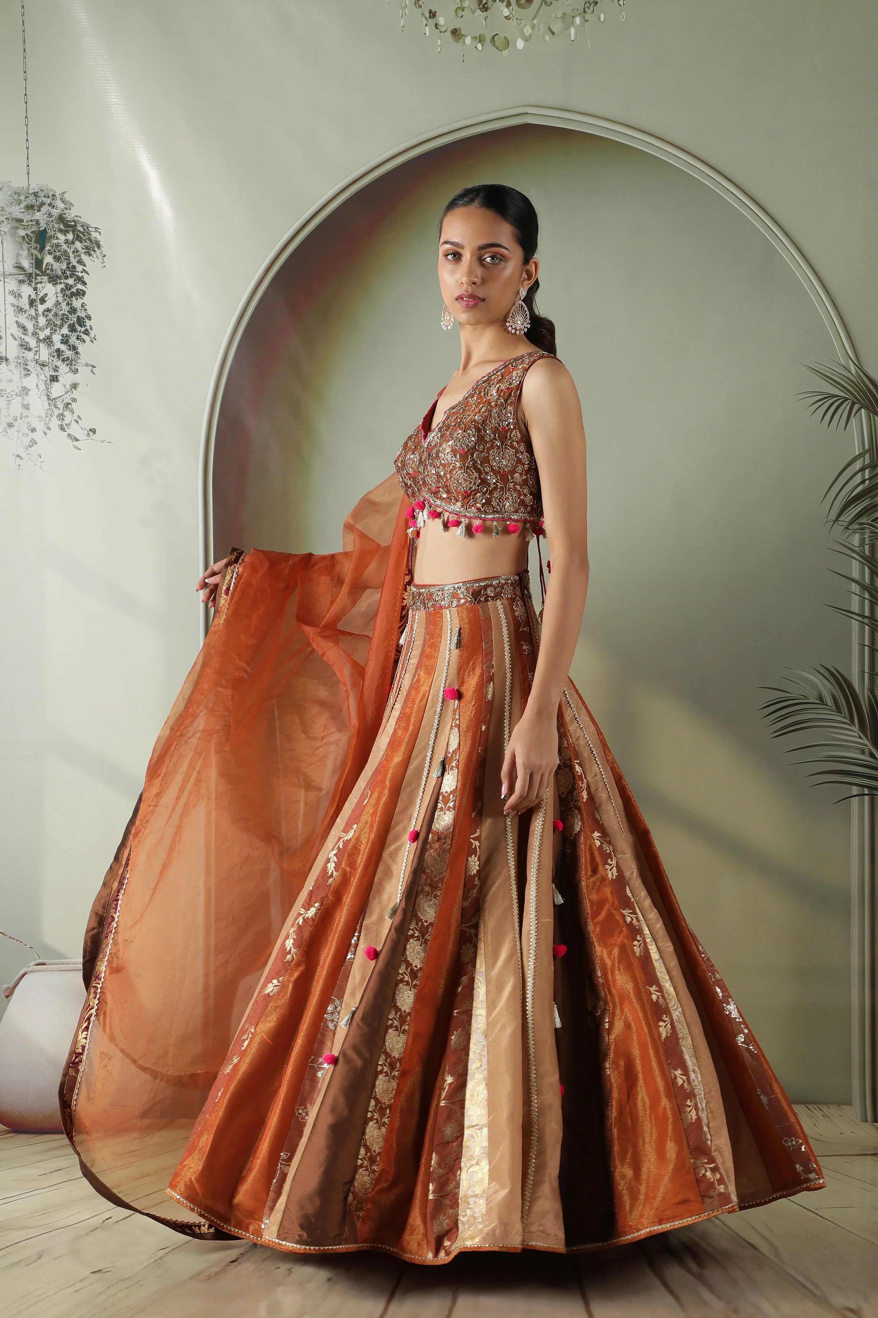 Rust Tissue & Banarasi Lehenga Set - Mokshaa