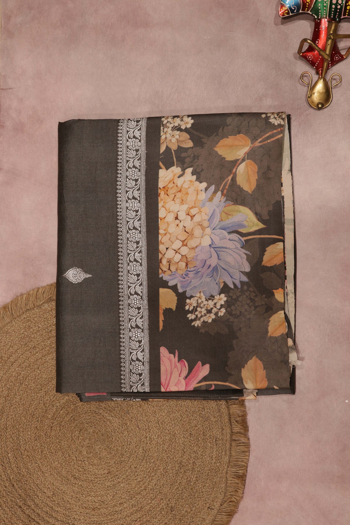 Grey Tussar Silk Saree with Digital Floral Border - Mokshaa
