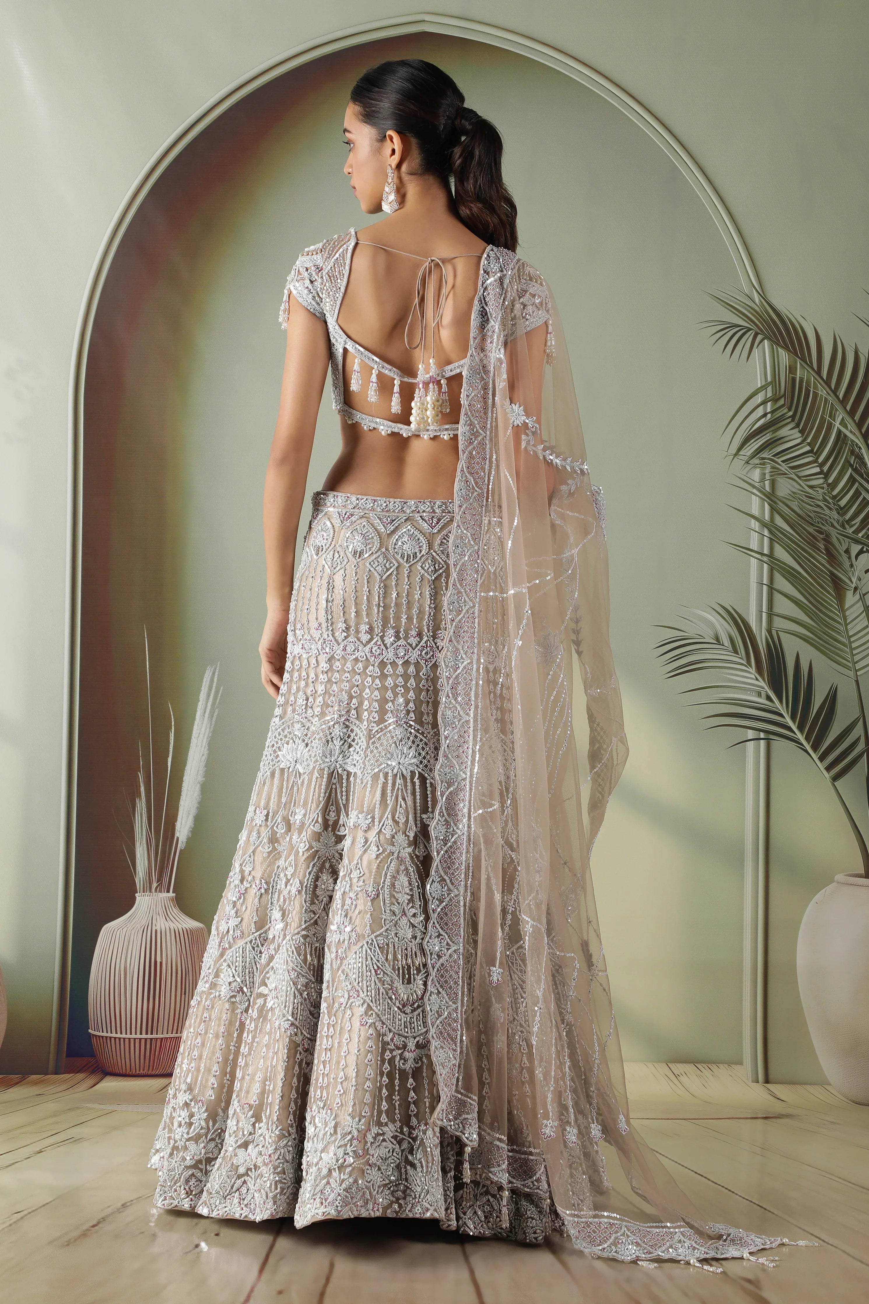 Champagne Mermaid Cut Net Lehenga Set - Mokshaa