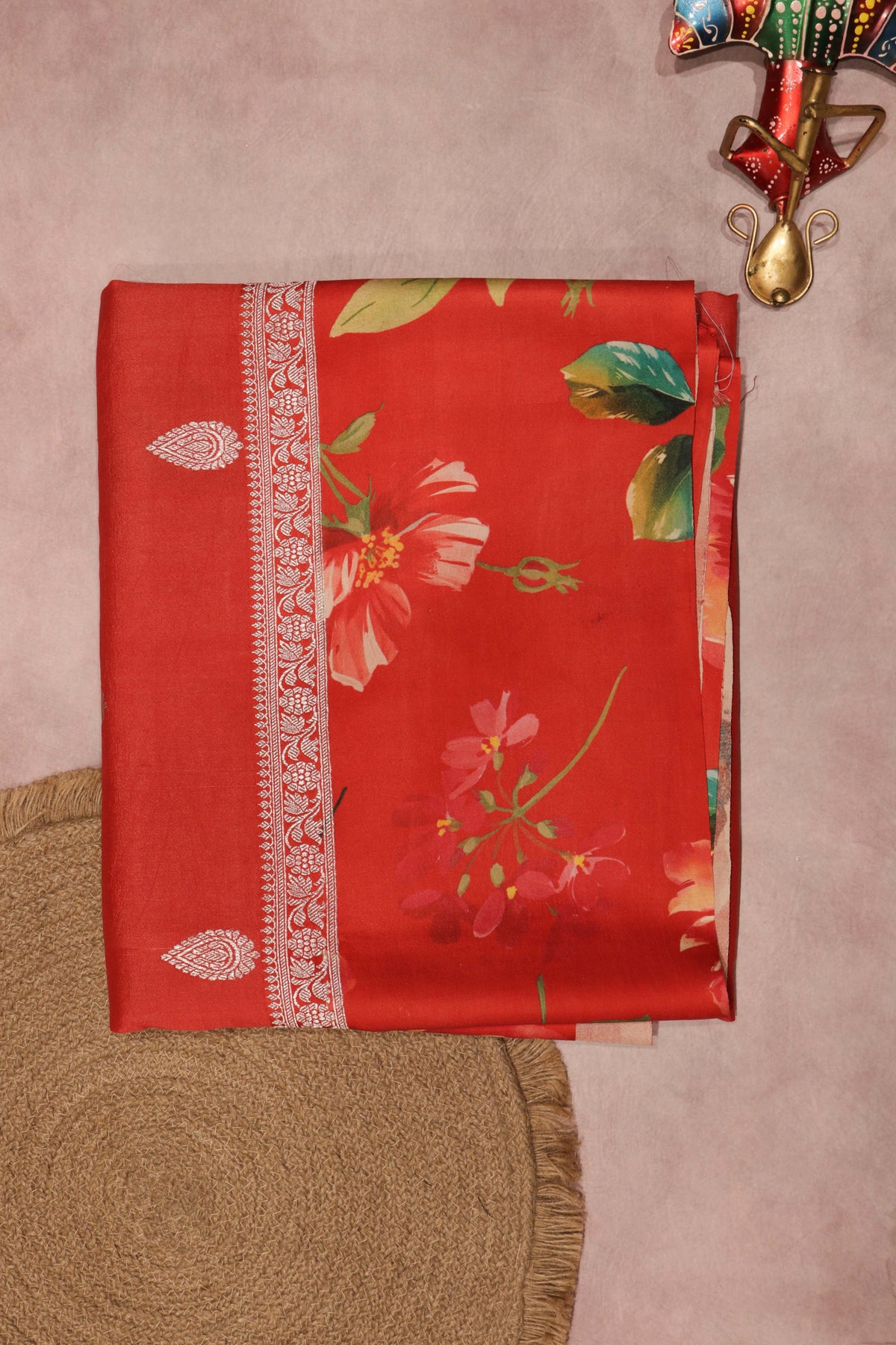 Red Tussar Silk Saree with Floral Digital Print Border - Mokshaa