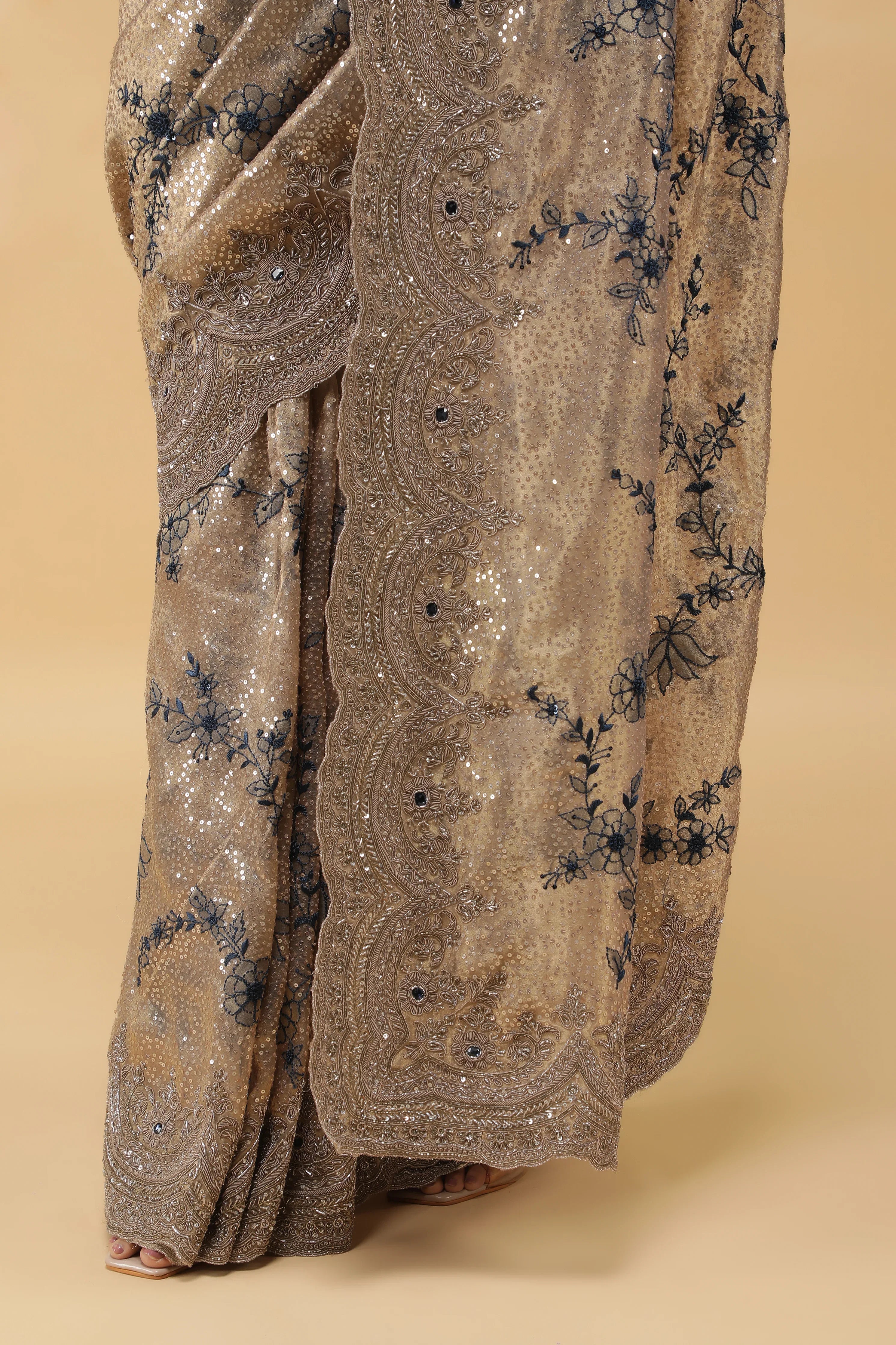 Gold Tissu Organza Saree with Sequins Embroidery & Zardhosi Border - Mokshaa