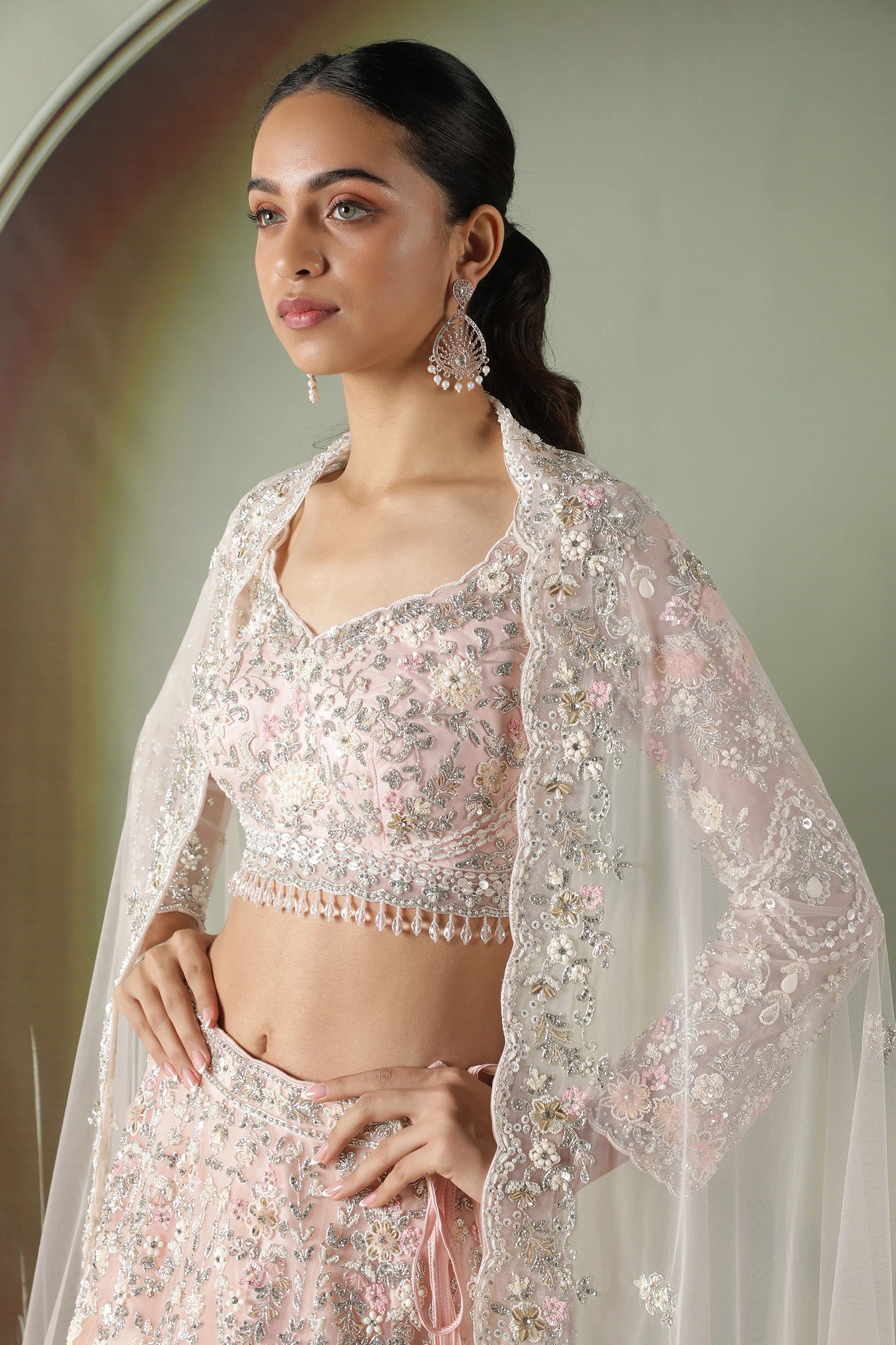 Pink Net Lehenga Set with Pearl, Stone & Sequin Embroidery - Mokshaa