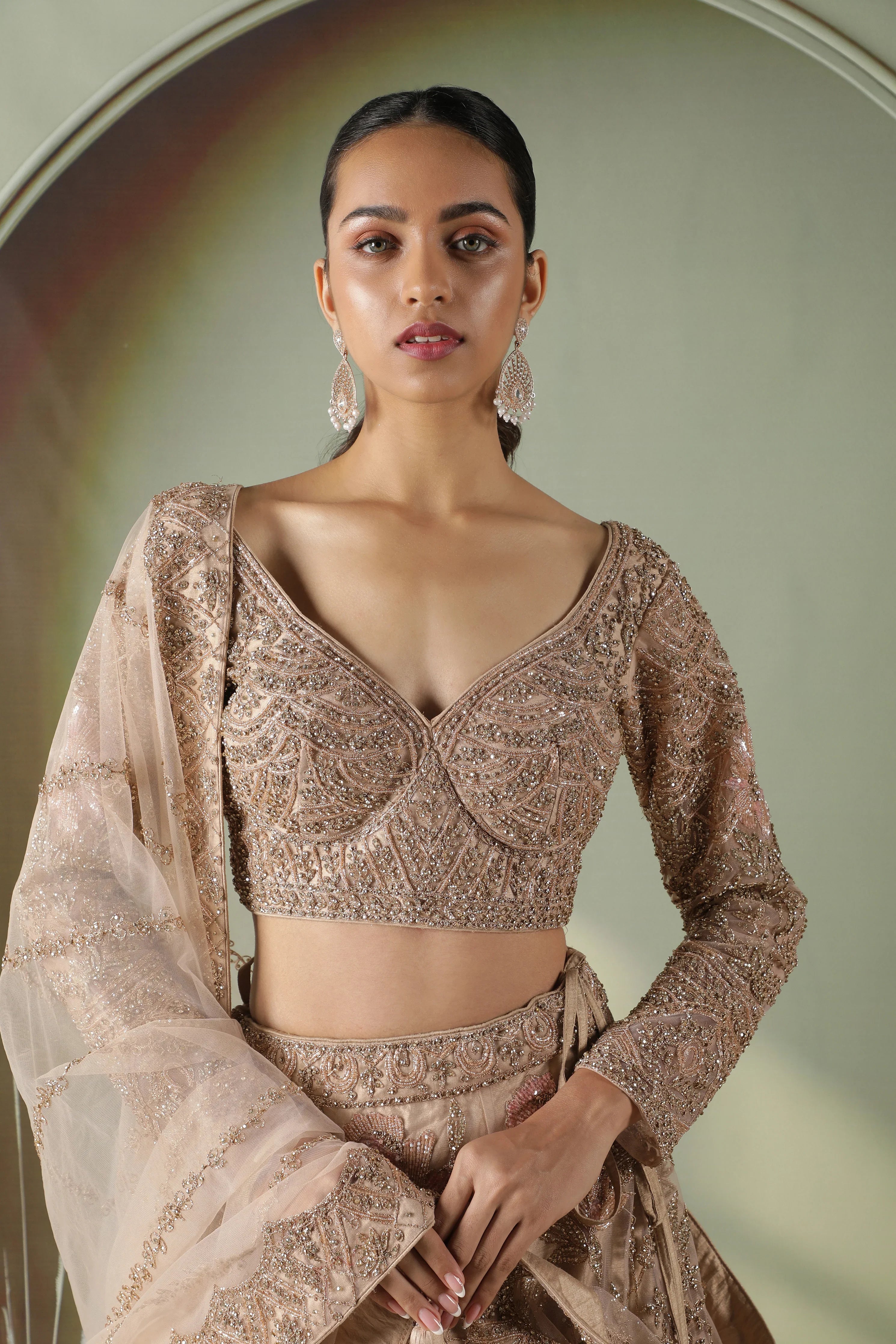 Champagne Gold Floral Embroidered Net Lehenga Set - Mokshaa
