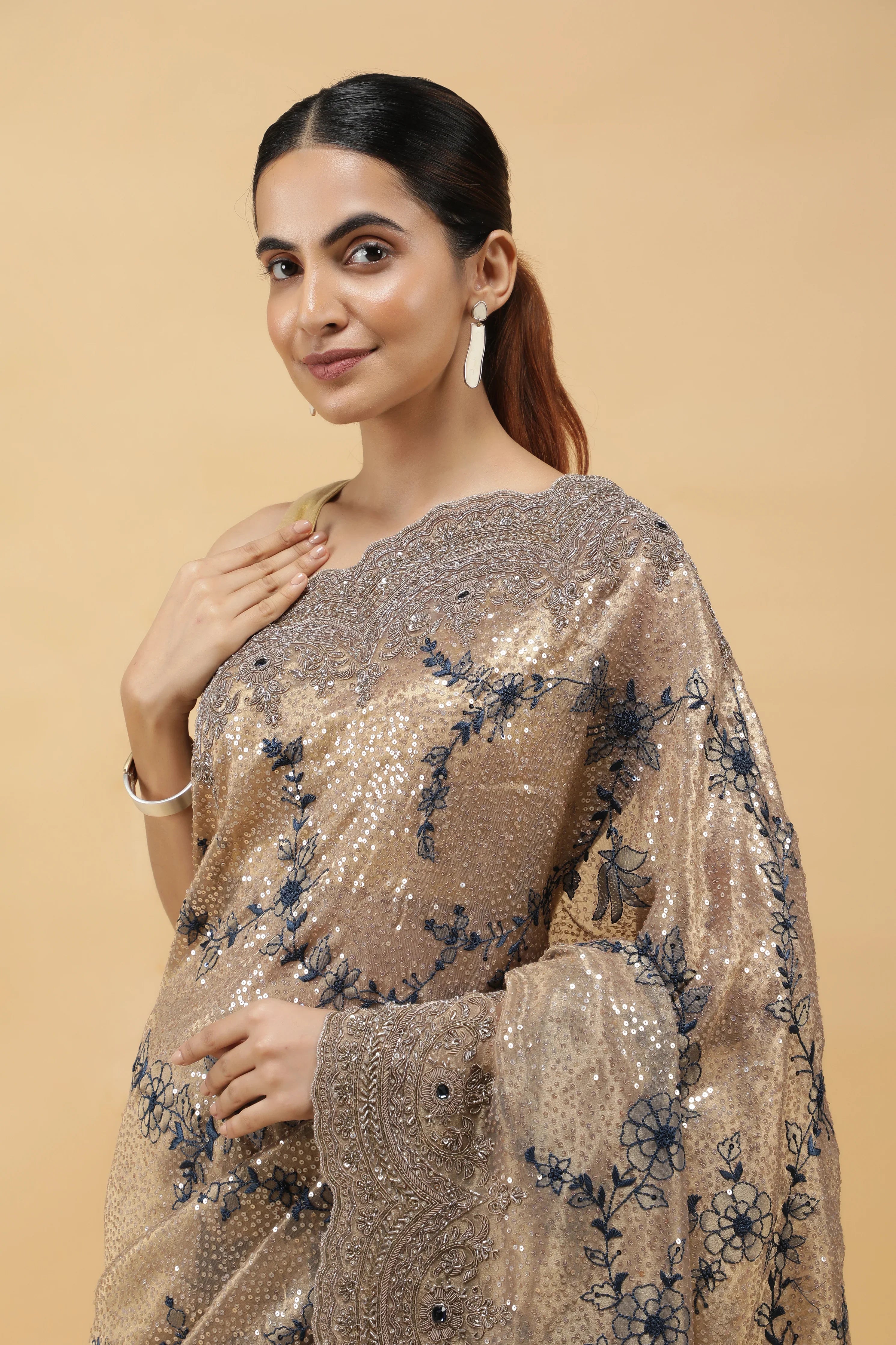 Gold Tissu Organza Saree with Sequins Embroidery & Zardhosi Border - Mokshaa