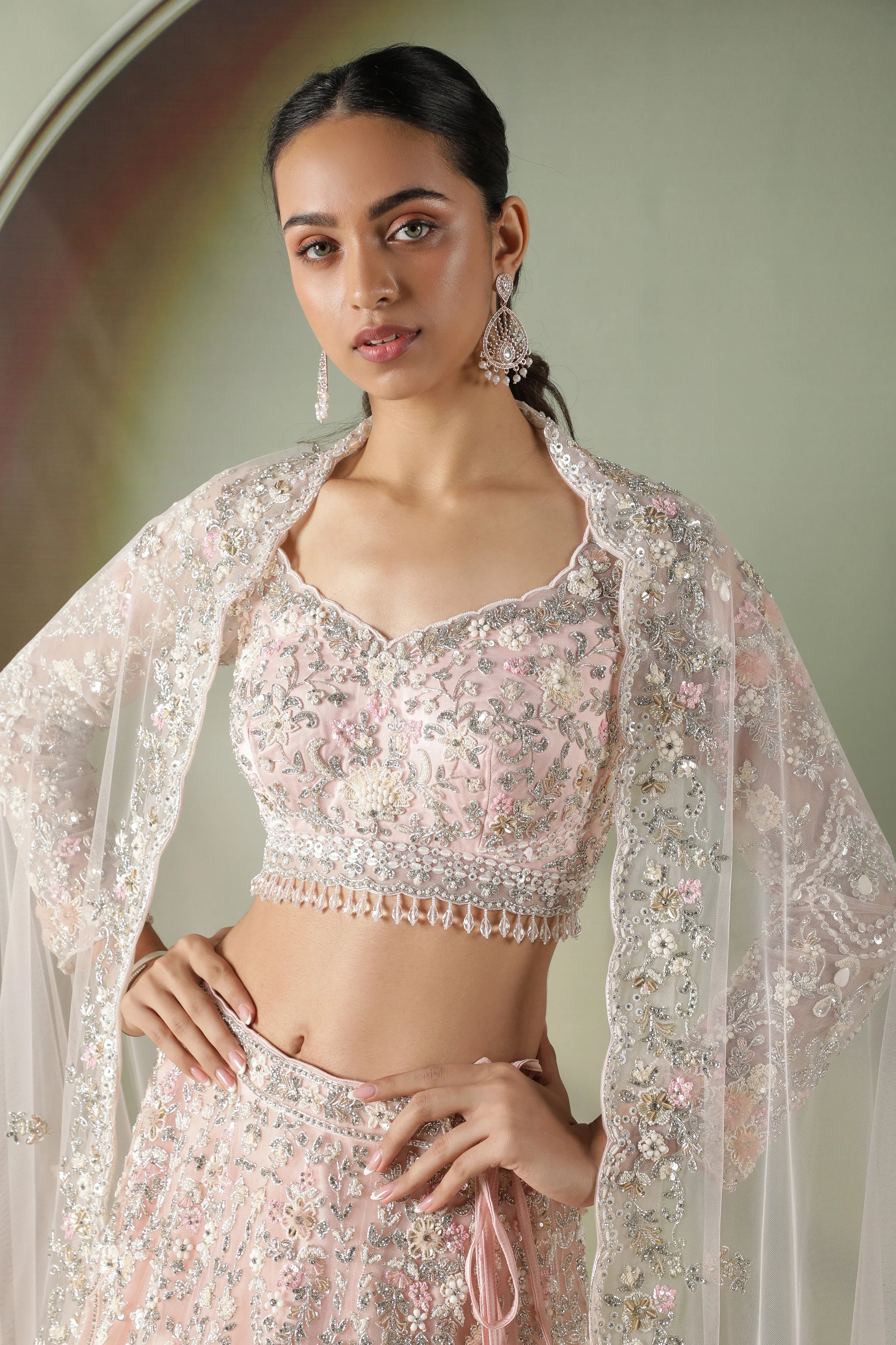 Pink Net Lehenga Set with Pearl, Stone & Sequin Embroidery - Mokshaa