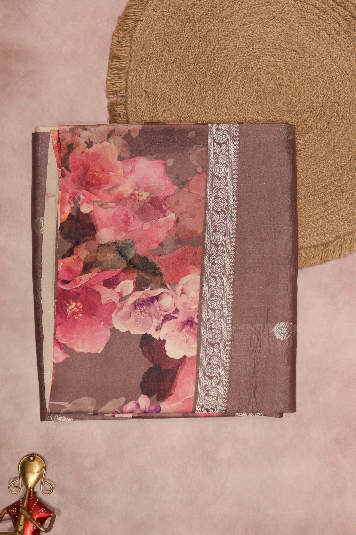 Dusty Lavender Tussar Silk Saree with Floral Print - Mokshaa