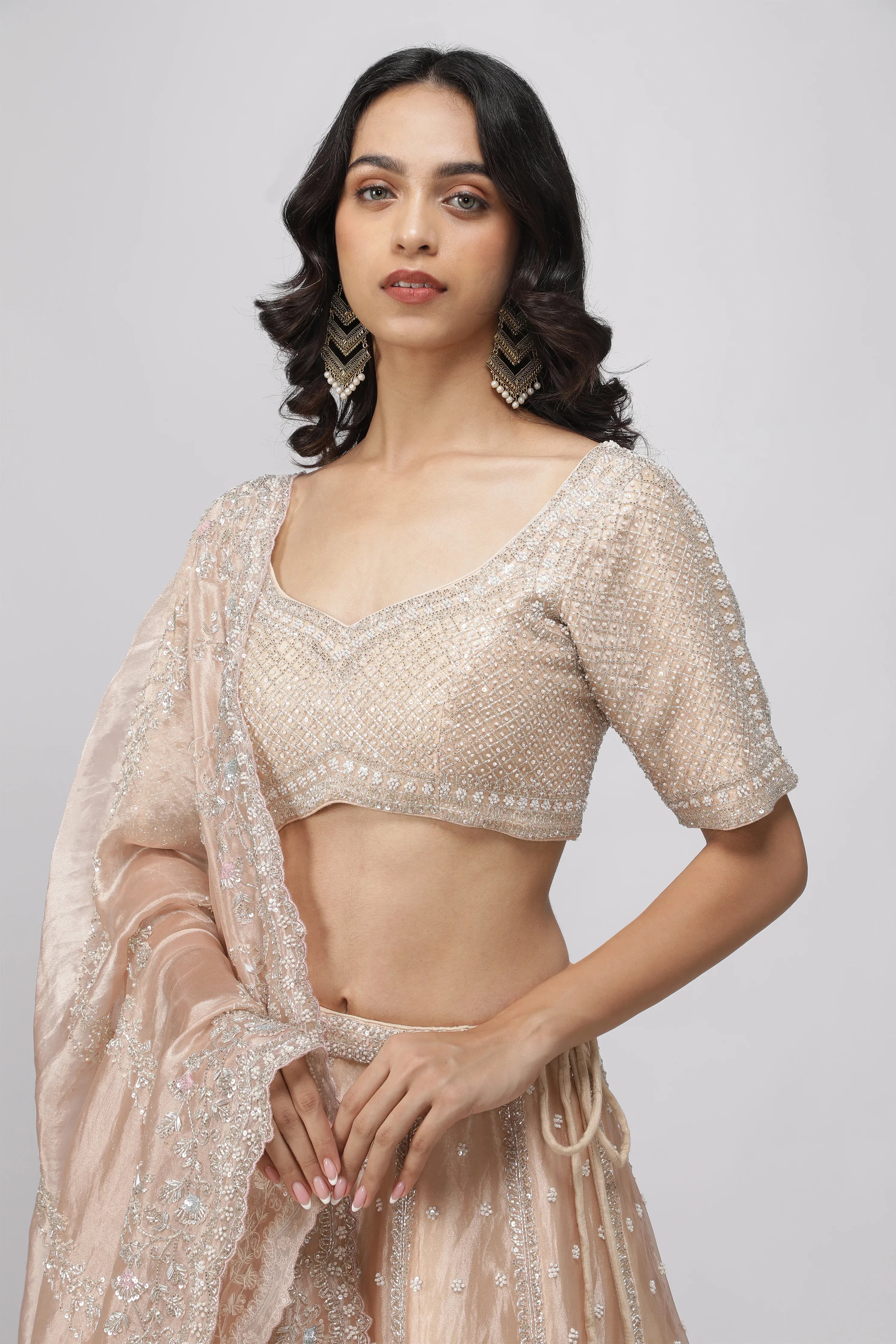 Peach Tissue Organza Lehenga Set - Mokshaa