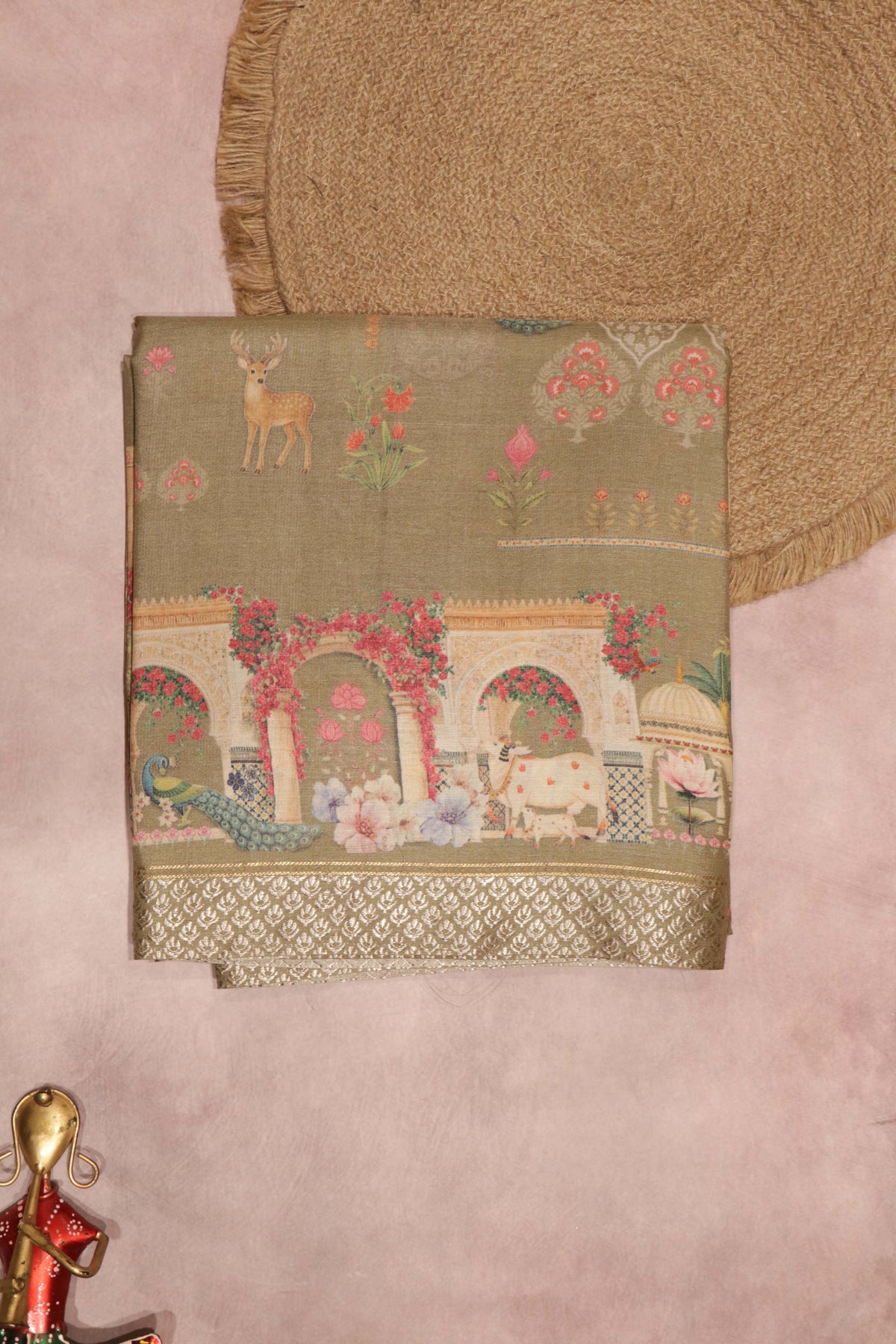 Olive Green Tussar Silk Digital Print Saree - Mokshaa