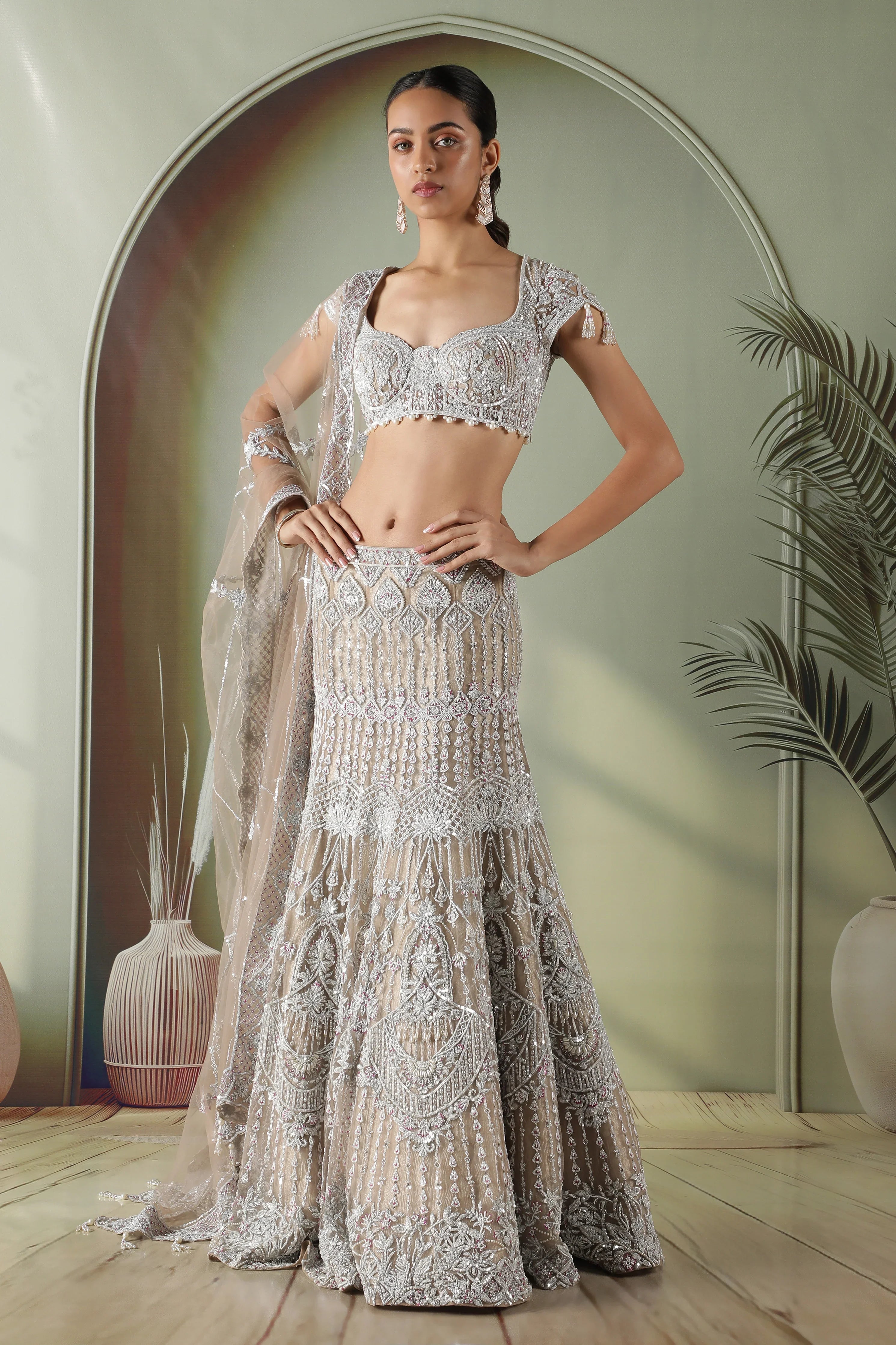 Champagne Mermaid Cut Net Lehenga Set - Mokshaa