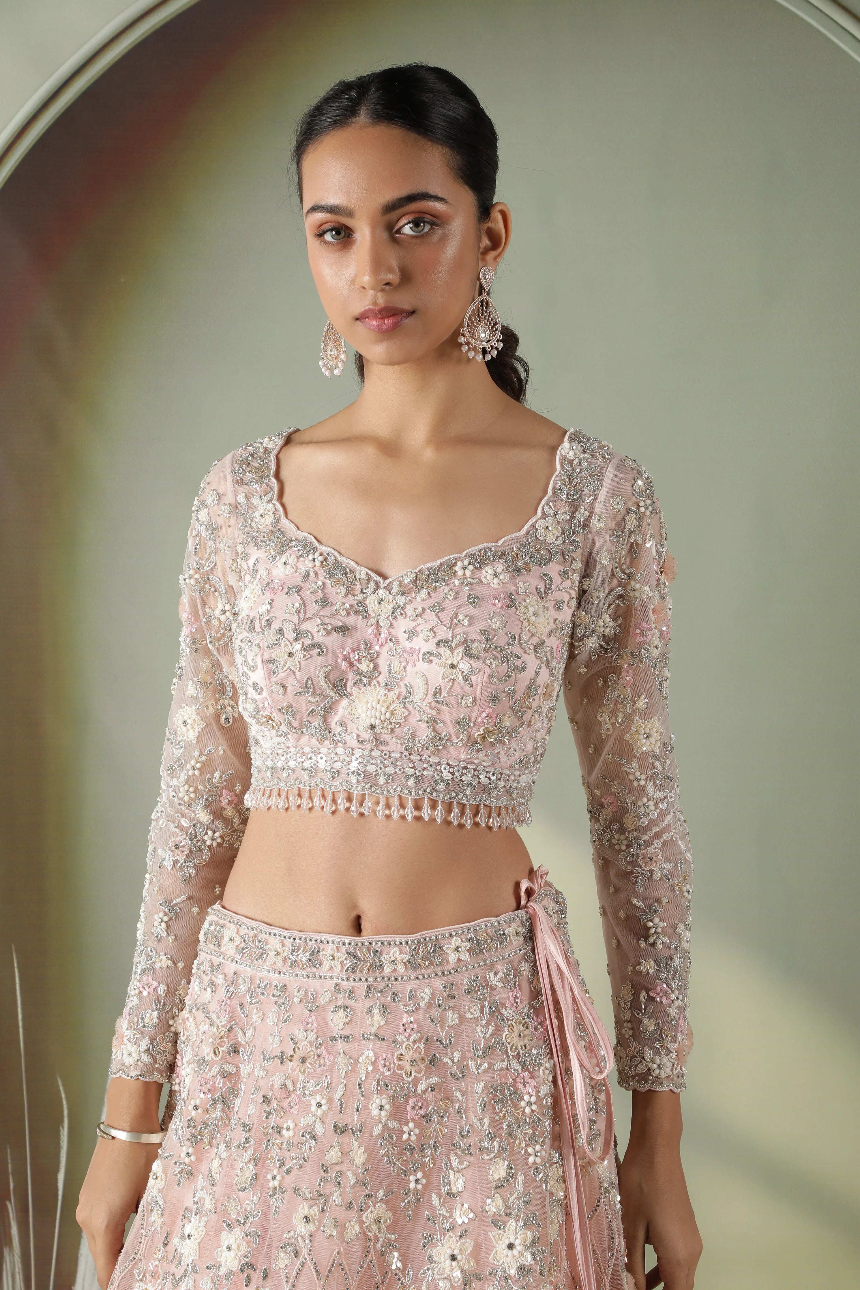 Pink Net Lehenga Set with Pearl, Stone & Sequin Embroidery - Mokshaa