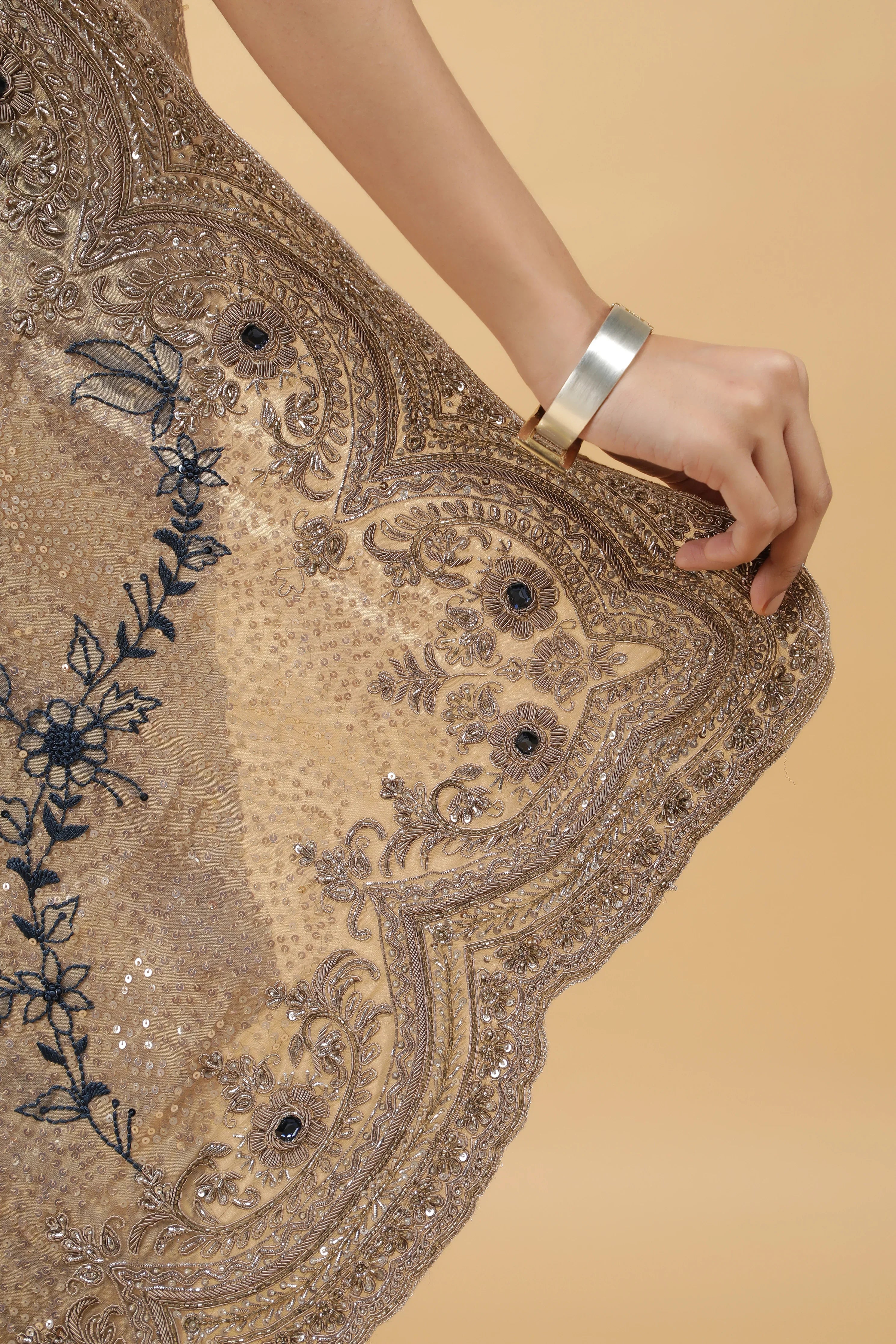 Gold Tissu Organza Saree with Sequins Embroidery & Zardhosi Border - Mokshaa