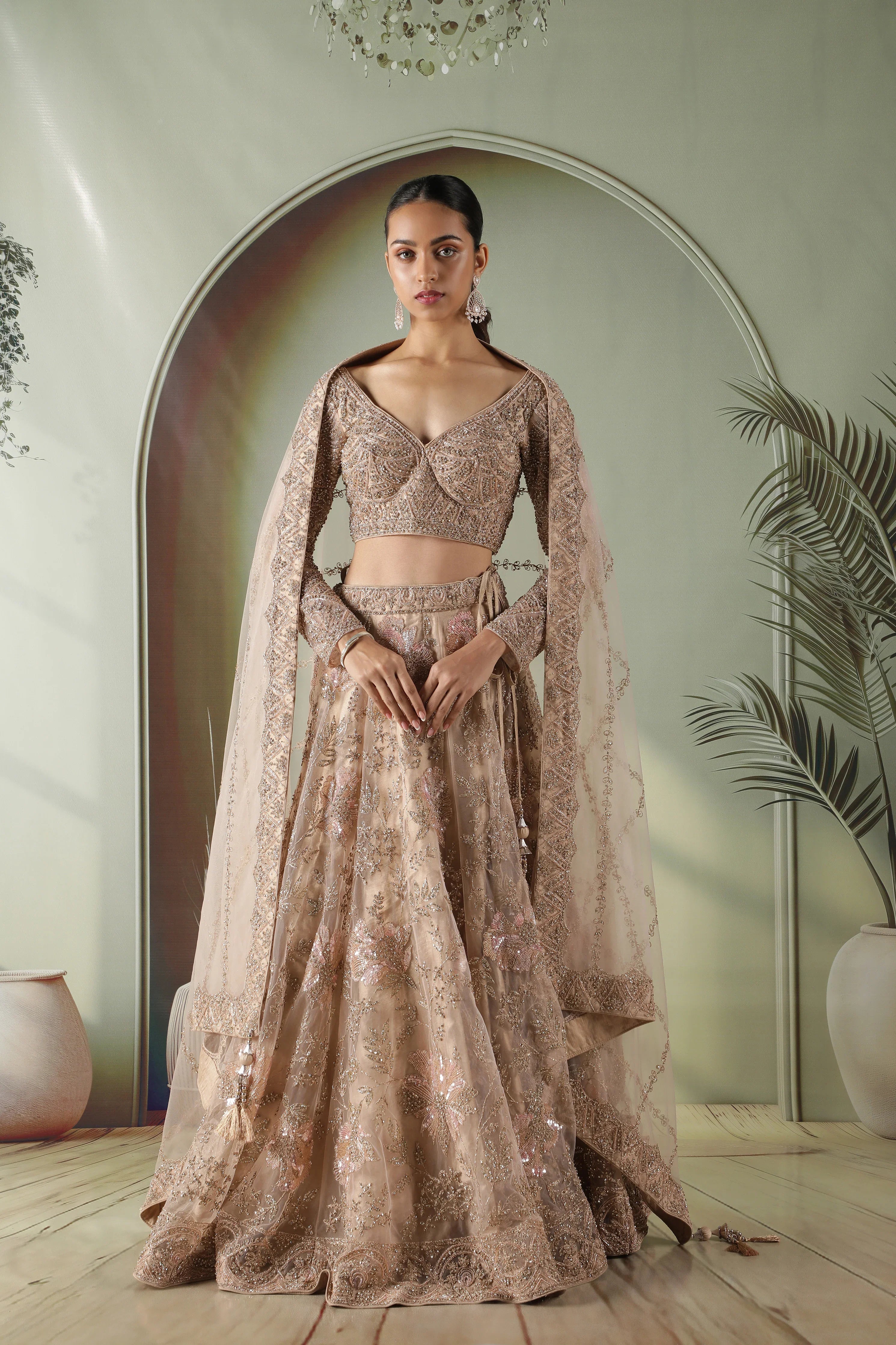 Champagne Gold Floral Embroidered Net Lehenga Set - Mokshaa