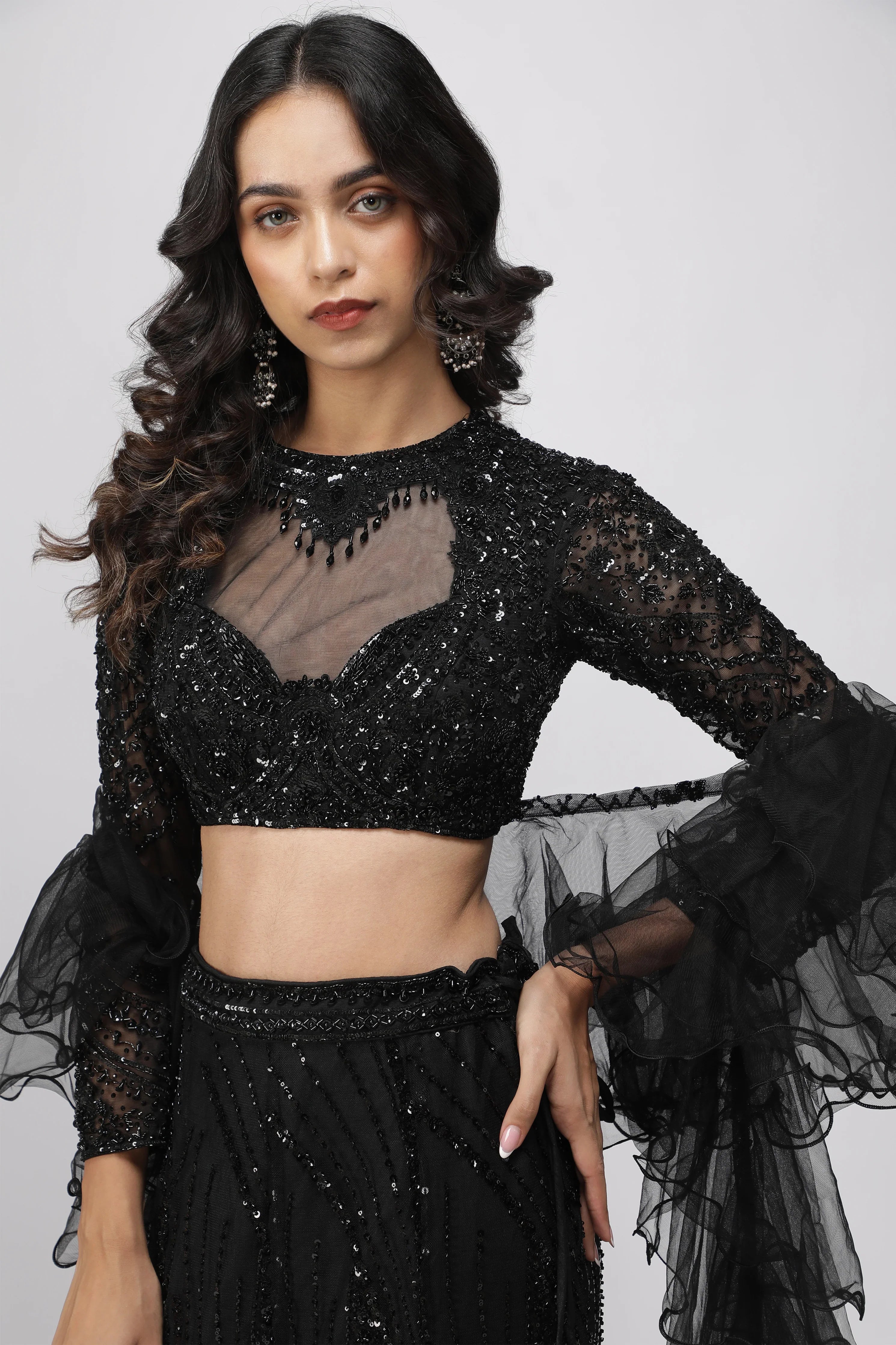 Black Net Sequin Embroidered Mermaid Lehenga Set with Ruffle Dupatta - Mokshaa