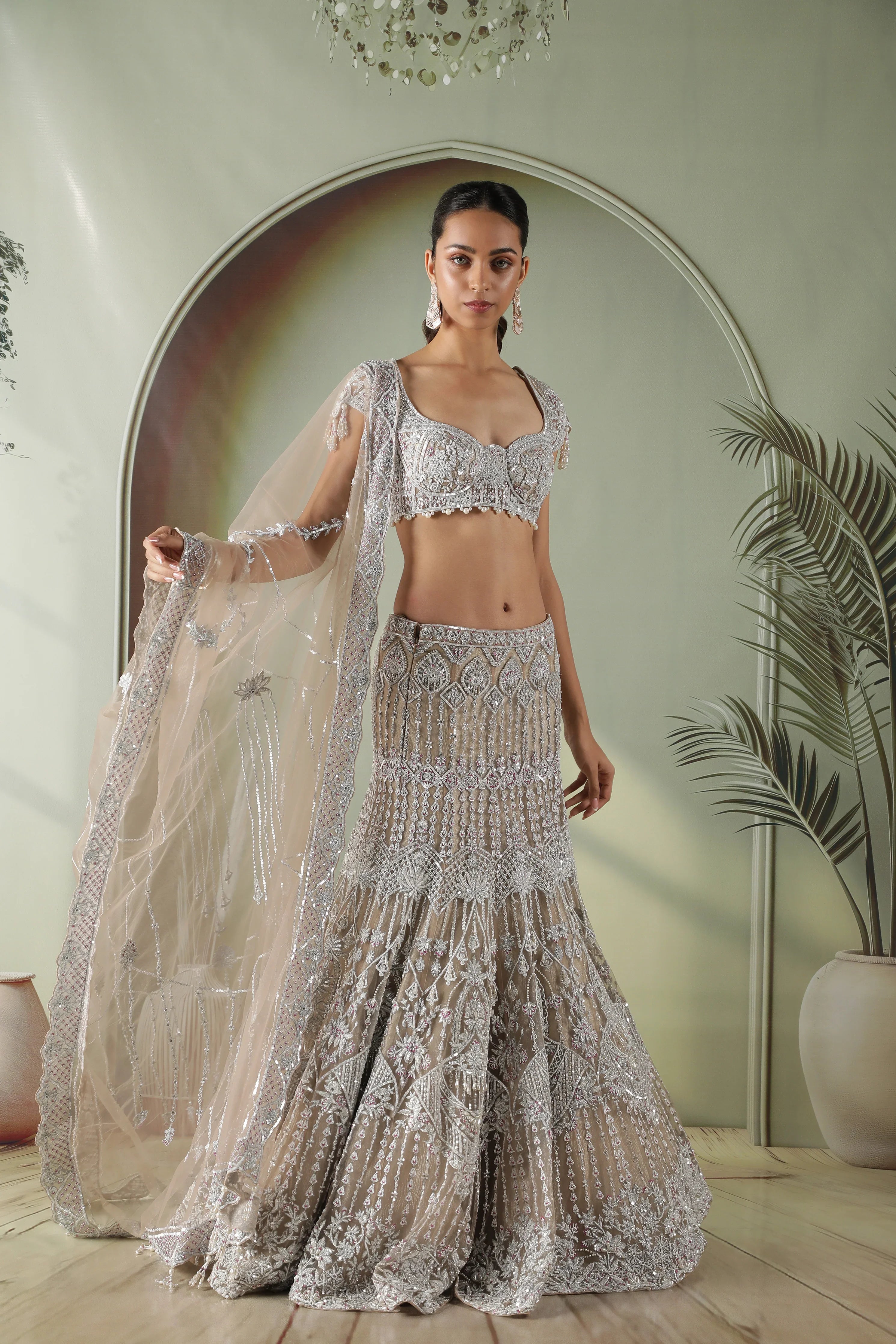Champagne Mermaid Cut Net Lehenga Set - Mokshaa