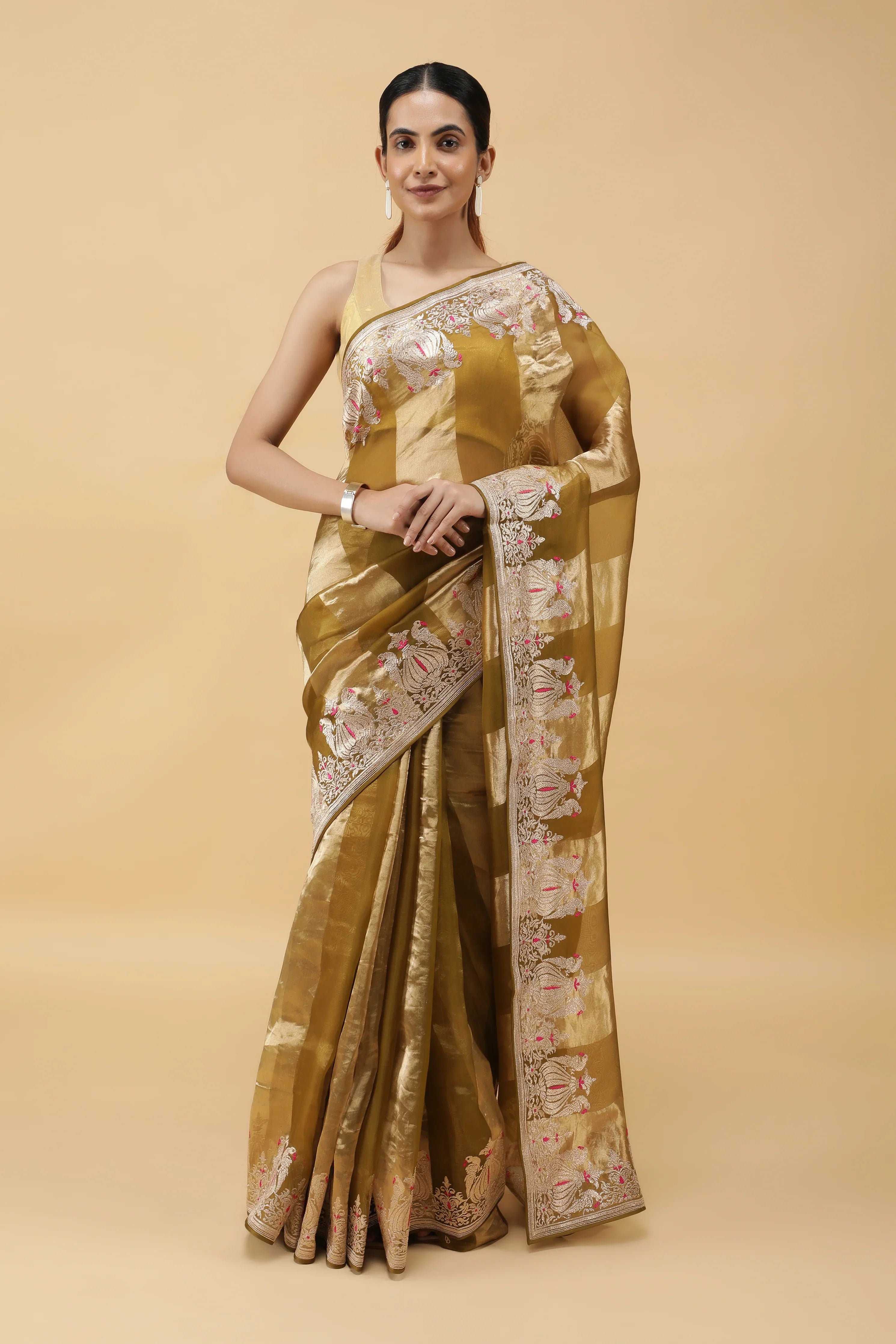 Golden Green Tissue Organza Saree with Meena Embroidery - Mokshaa