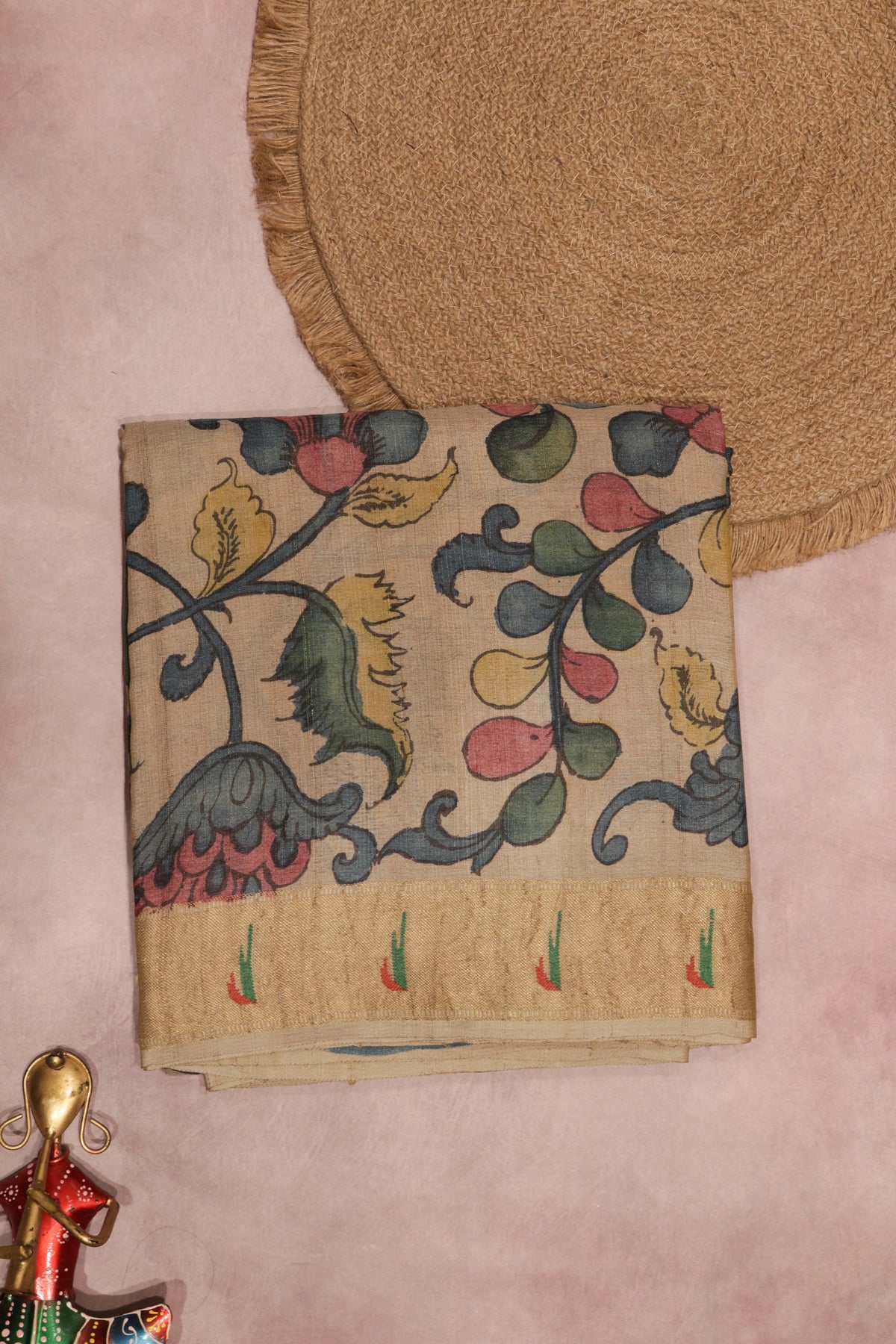 Beige Kalamkari Tussar Silk Saree - Mokshaa