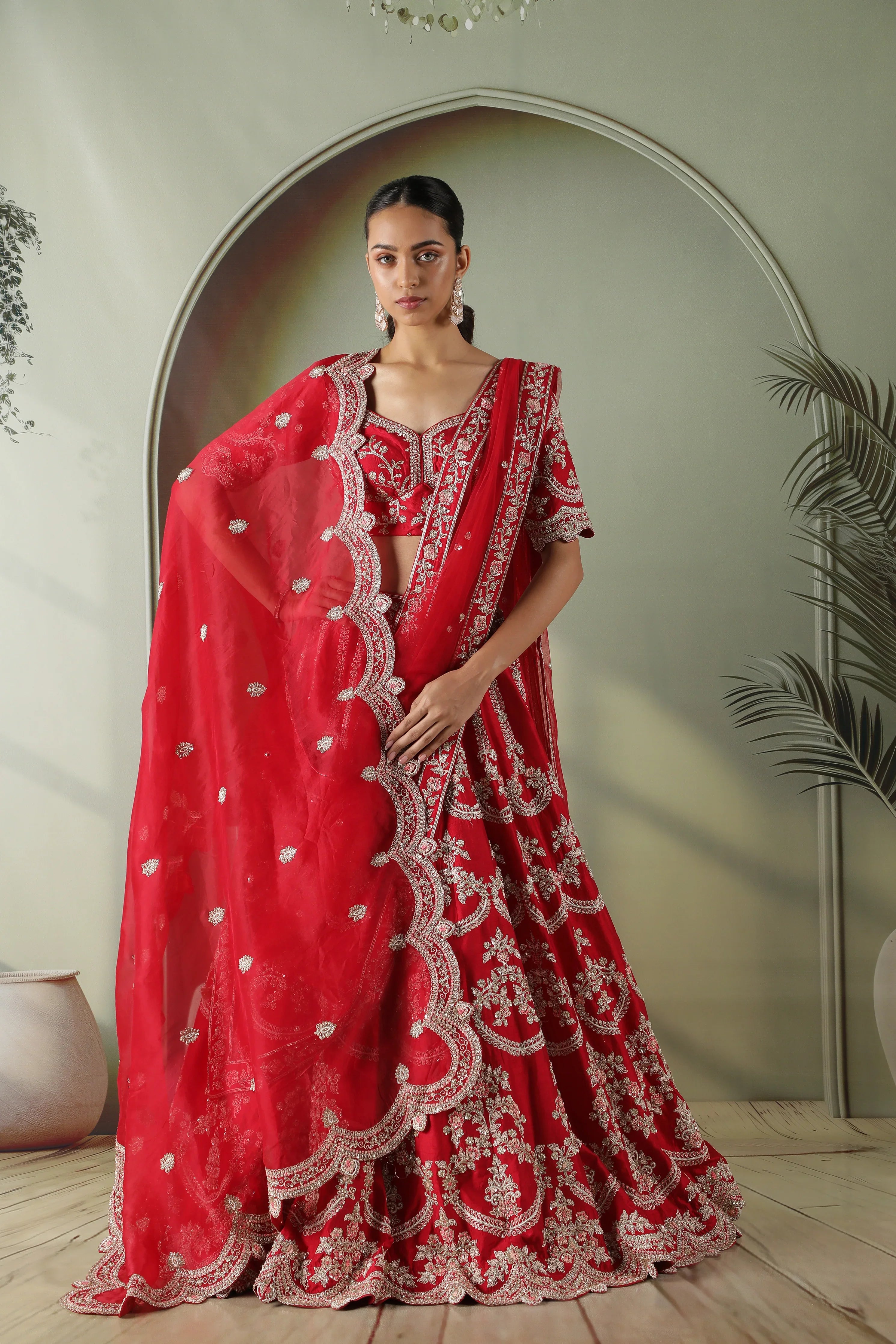 Red Raw Silk Bridal Lehenga Set - Mokshaa