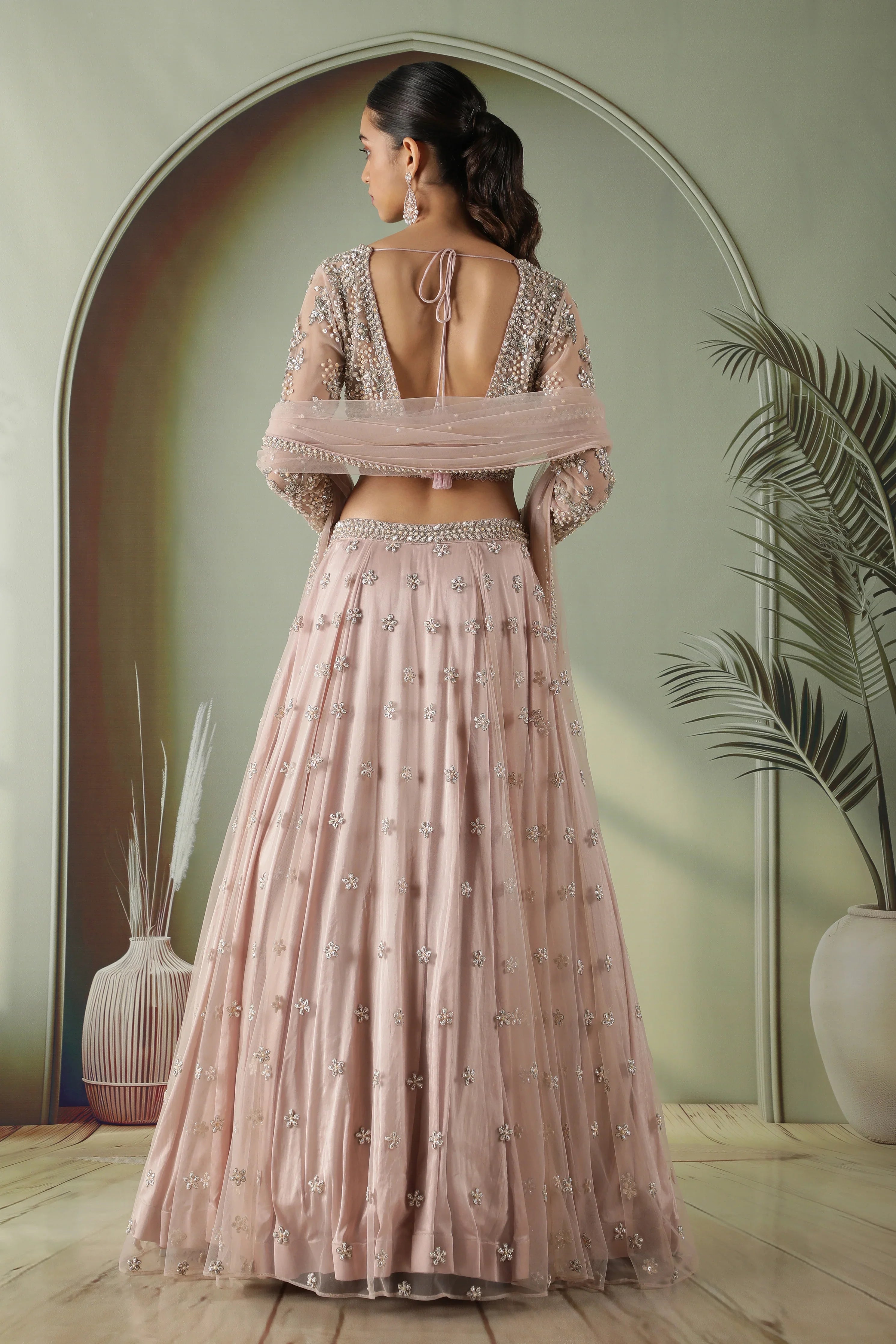 Dusty Rose Long-Sleeve Mirror & Pearl Embroidered Net Lehenga Set - Mokshaa