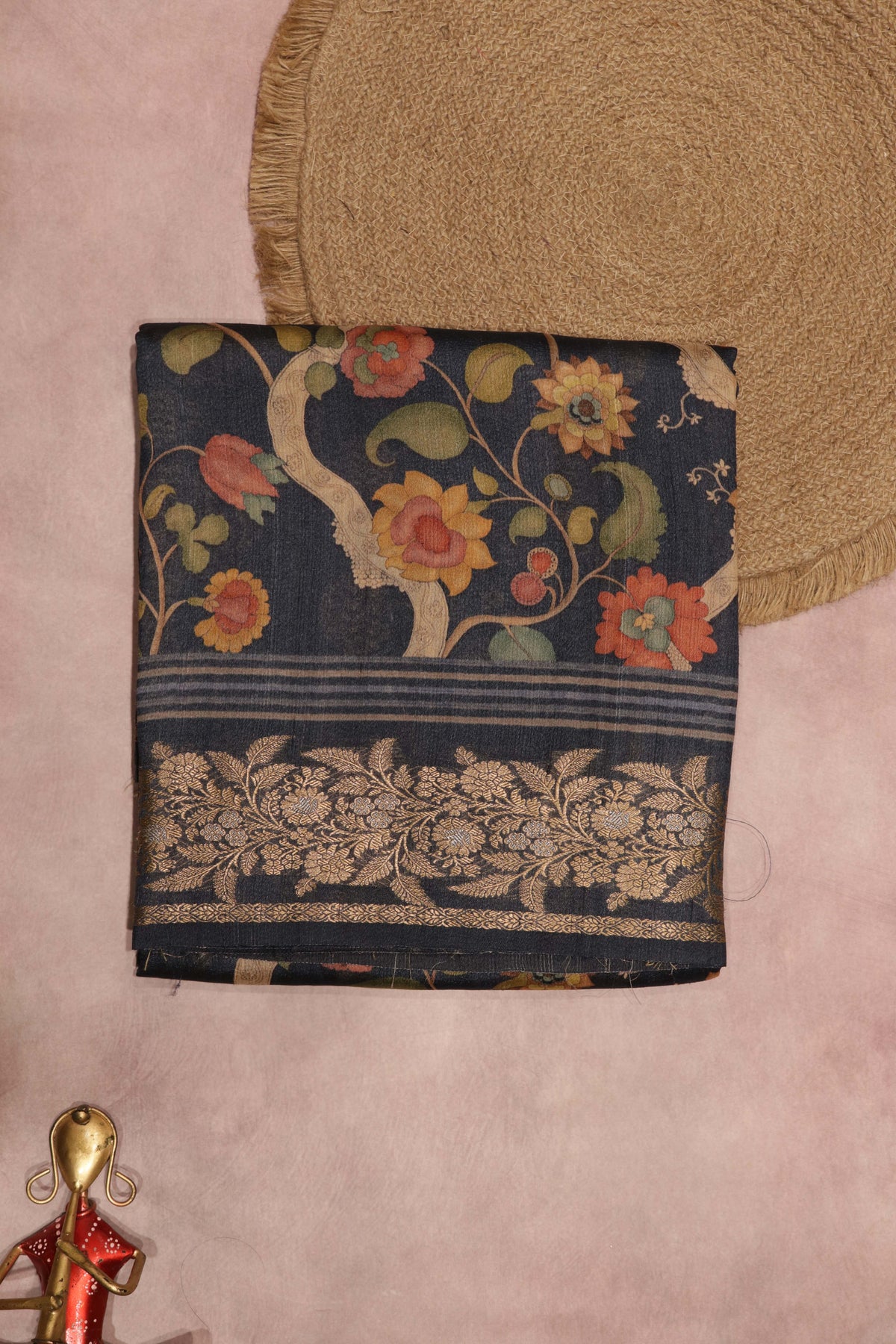 Dark Blue Kalamkari Tussar Silk Saree - Mokshaa