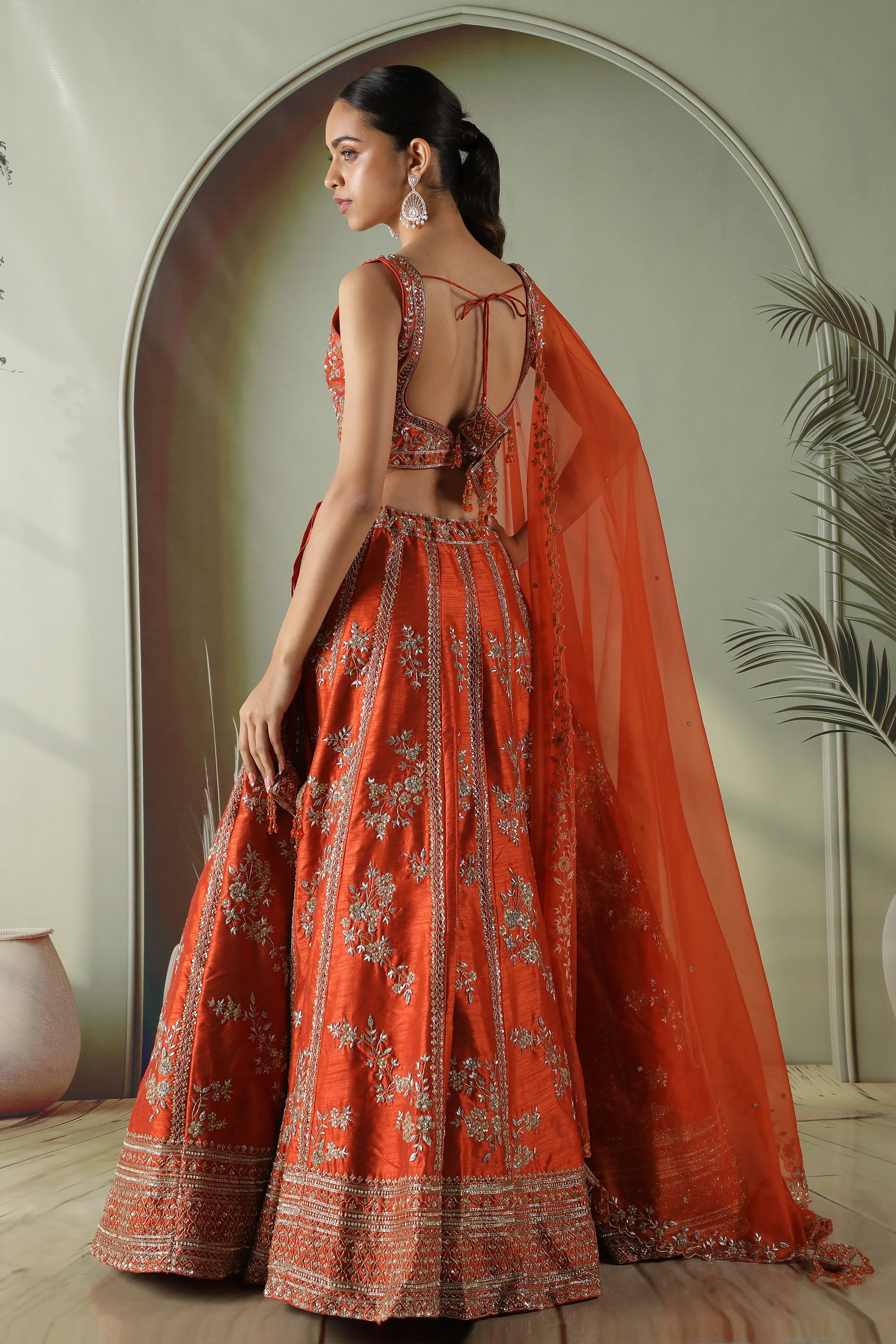 Rust Raw Silk Lehenga Set - Mokshaa