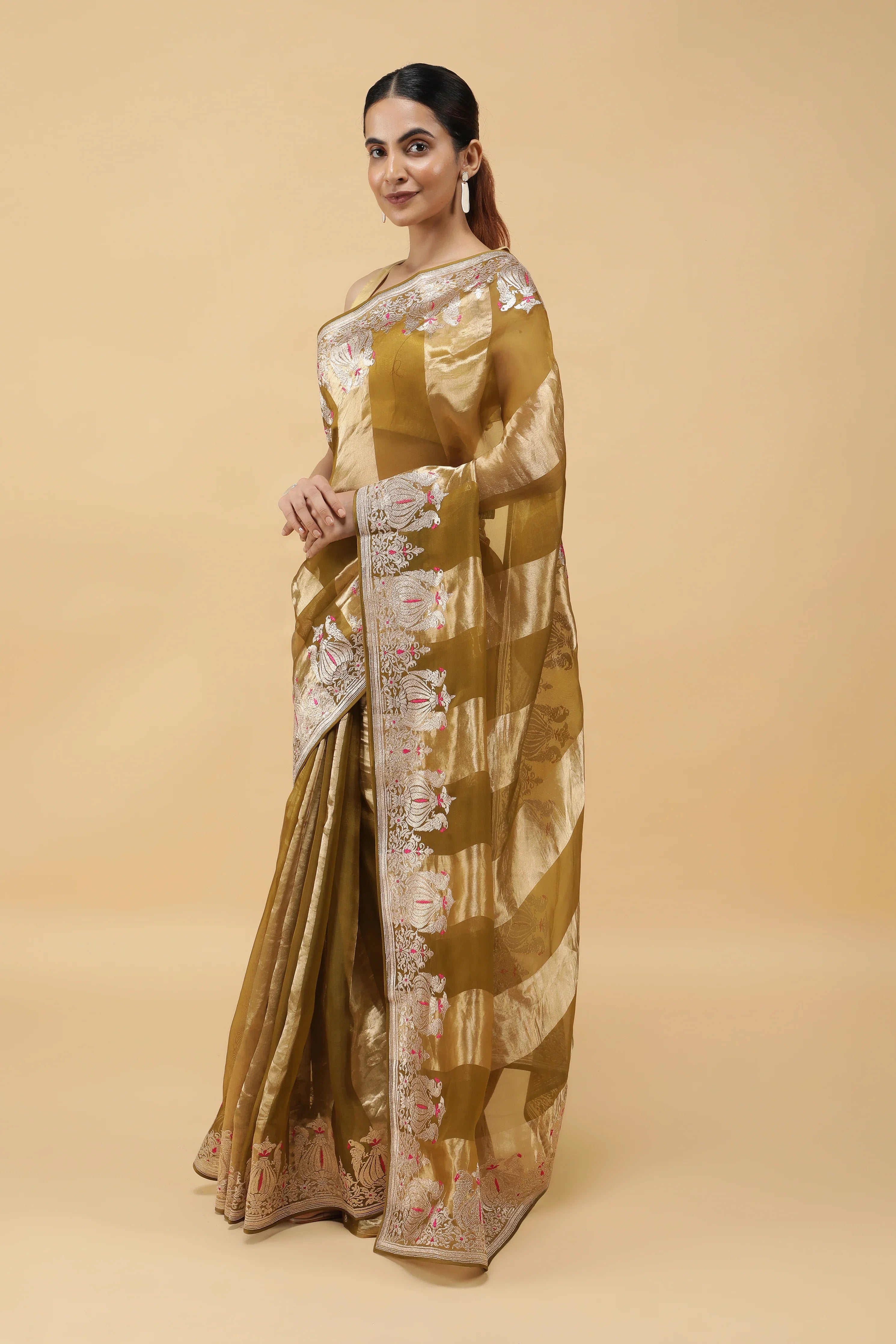 Golden Green Tissue Organza Saree with Meena Embroidery - Mokshaa
