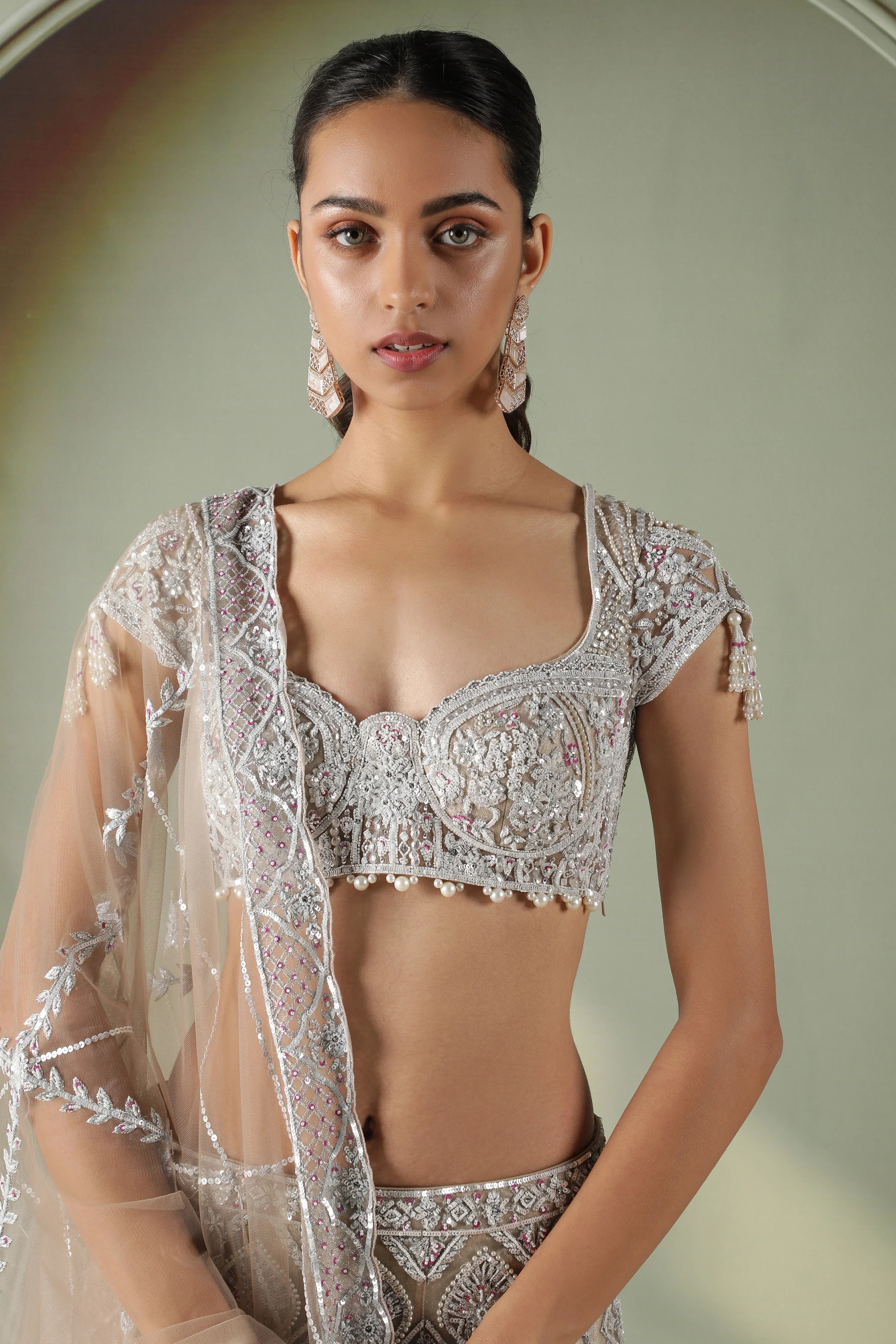 Champagne Mermaid Cut Net Lehenga Set - Mokshaa