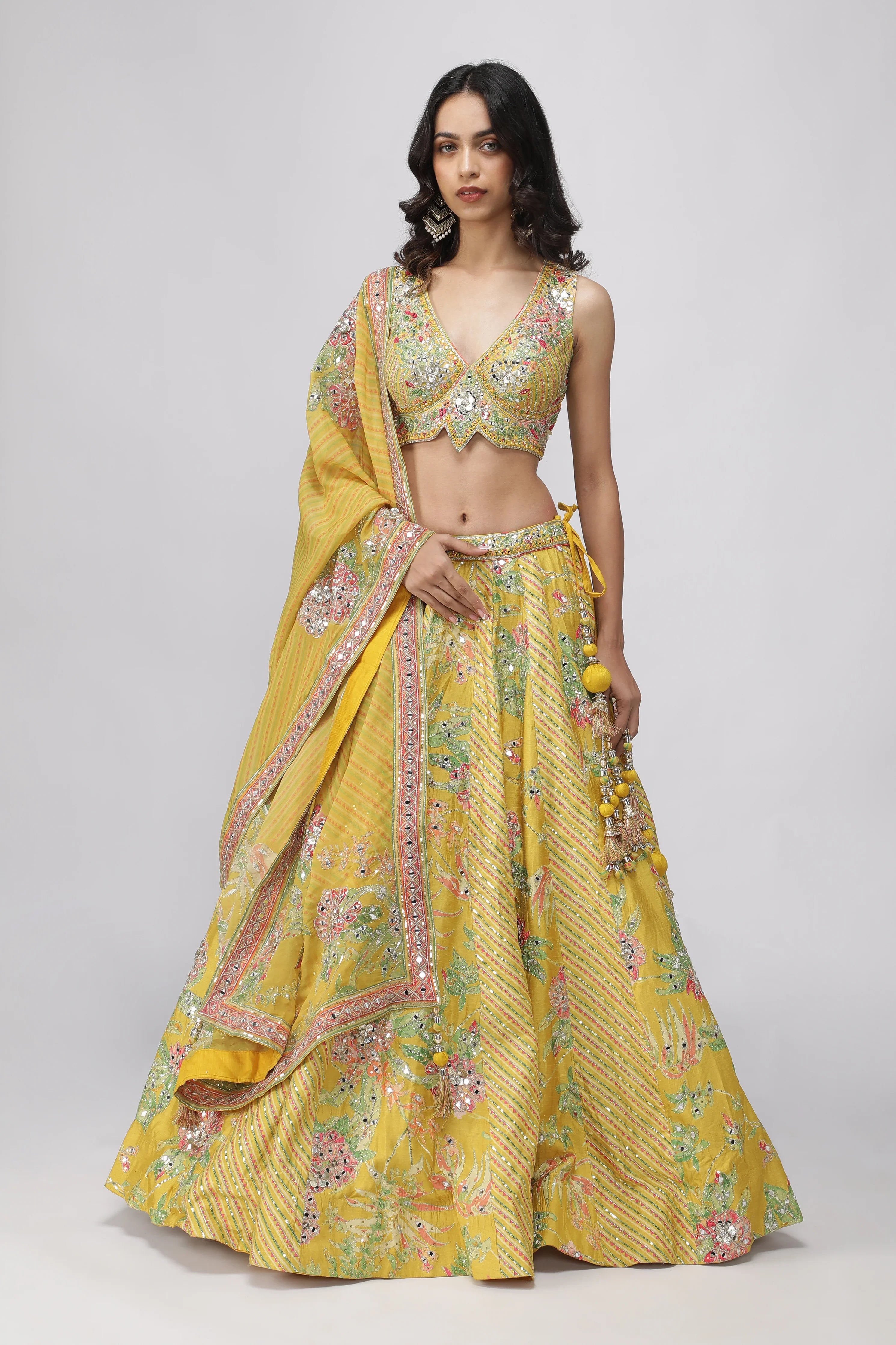 Yellow Silk Floral Printed Lehenga Set - Mokshaa