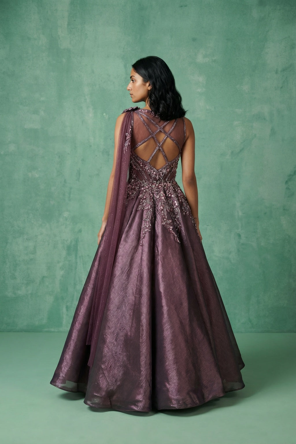 Dark Lavender Shimmer Embroidered Gown - Mokshaa