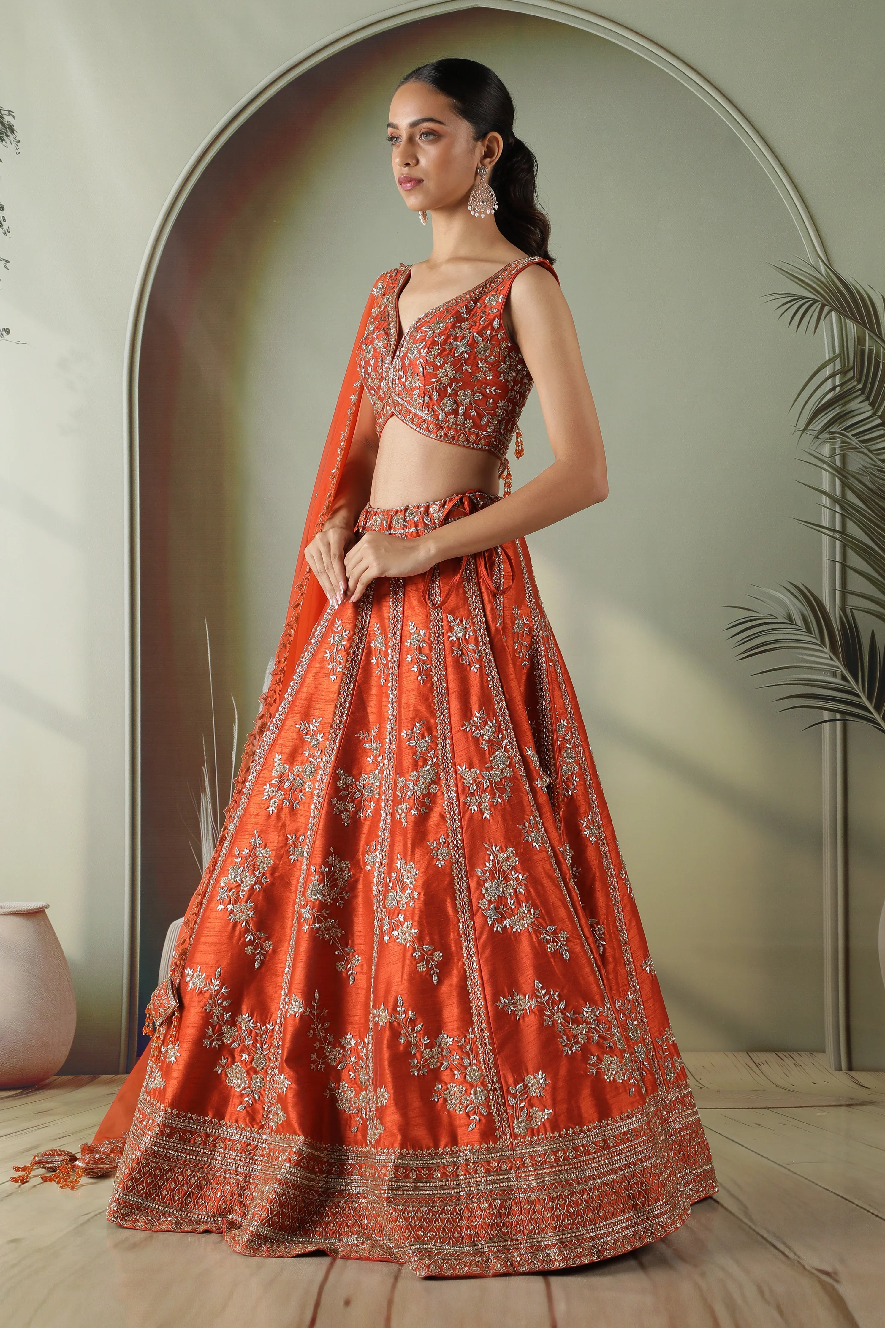 Rust Raw Silk Lehenga Set - Mokshaa