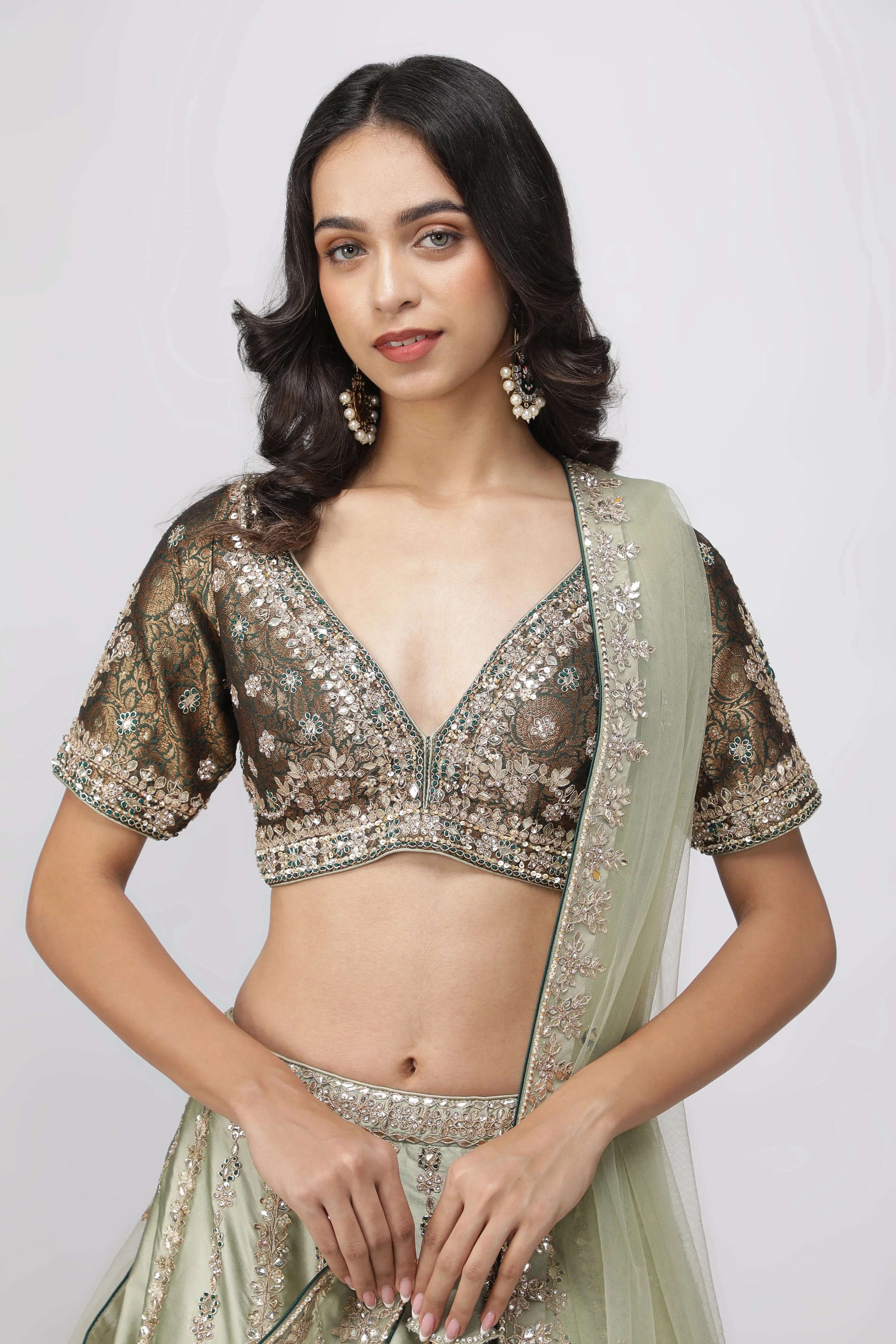 Mint Green Silk Lehenga with Bottle Green Banarasi Blouse - Mokshaa