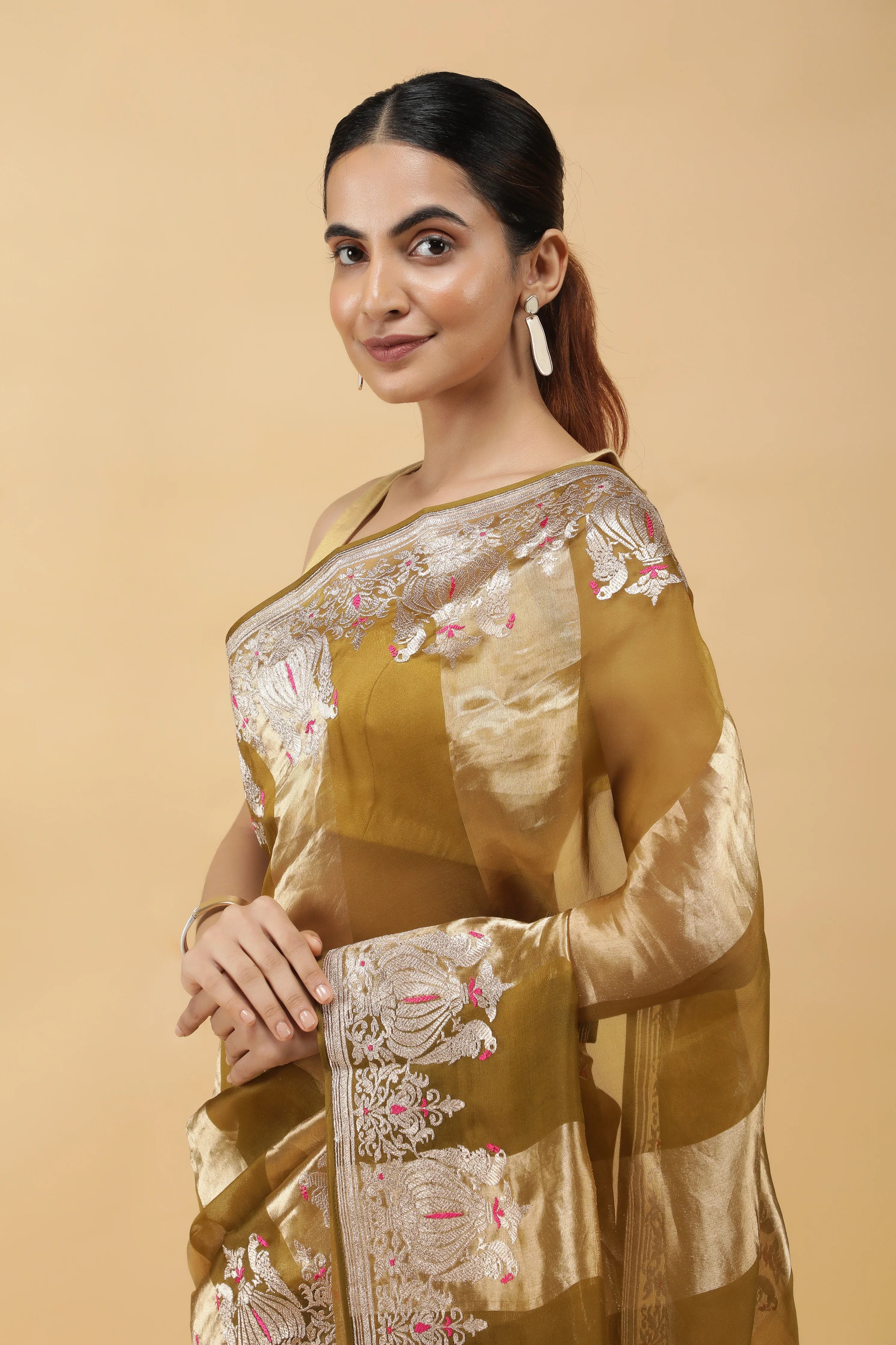 Golden Green Tissue Organza Saree with Meena Embroidery - Mokshaa