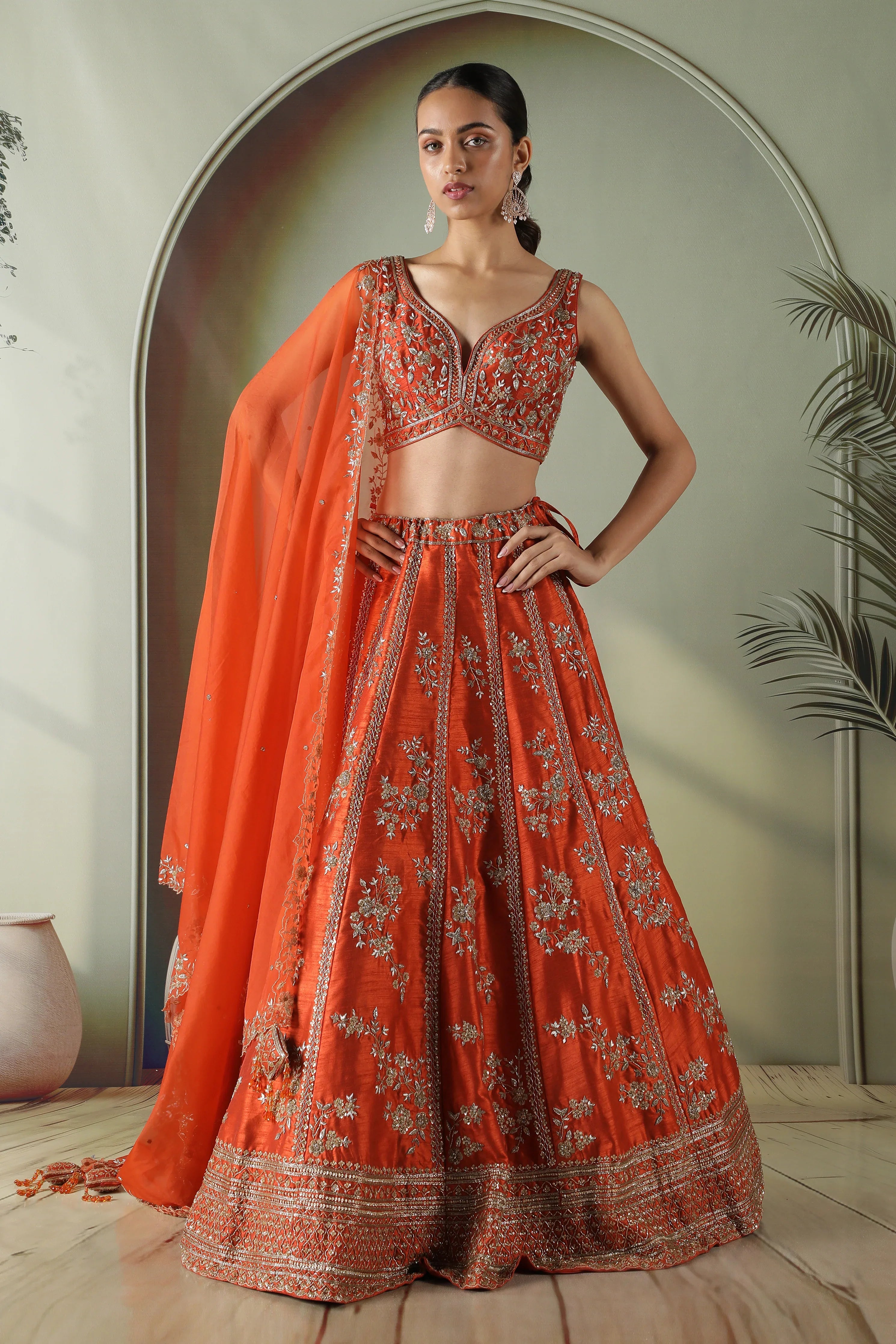 Rust Raw Silk Lehenga Set - Mokshaa