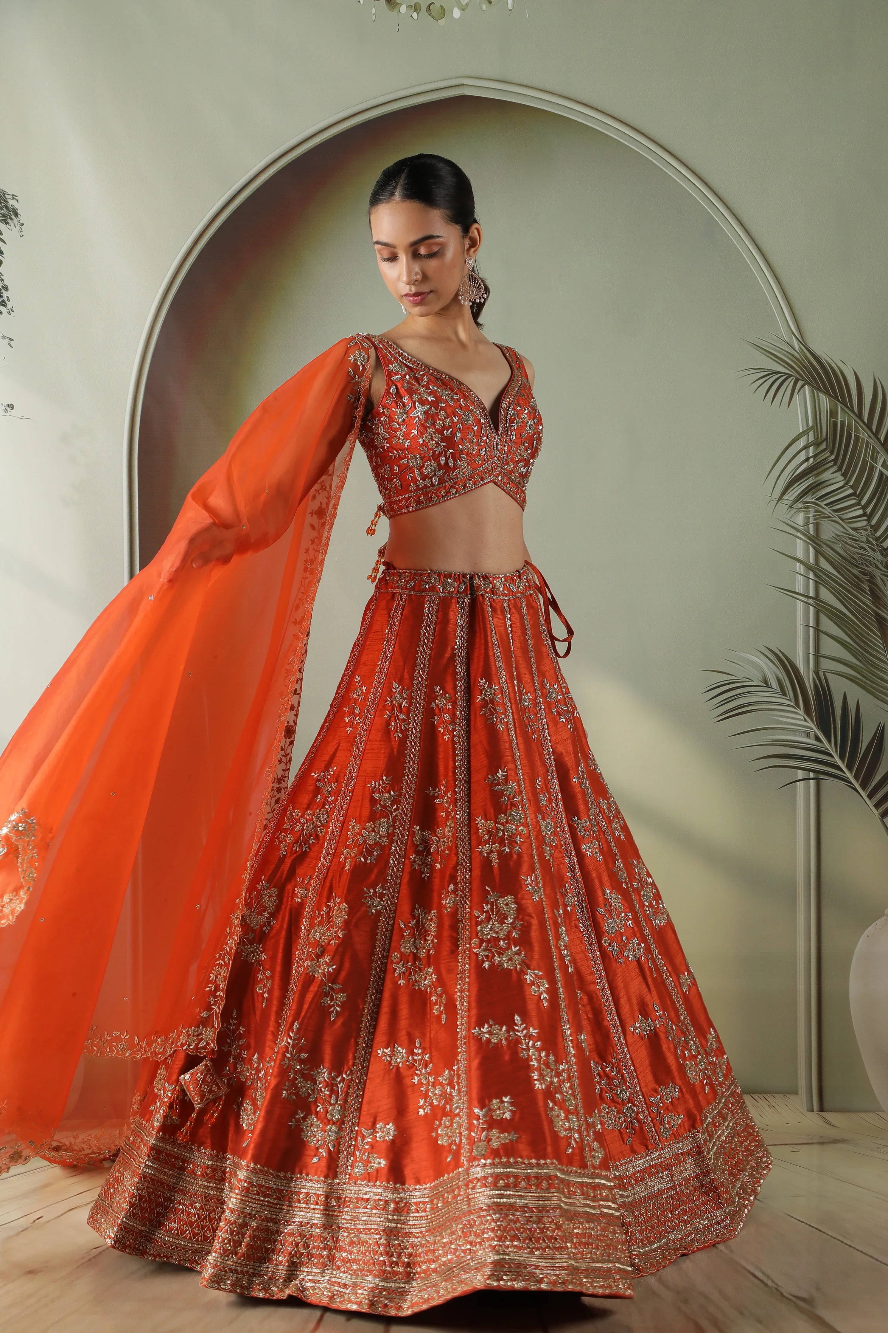Rust Raw Silk Lehenga Set - Mokshaa