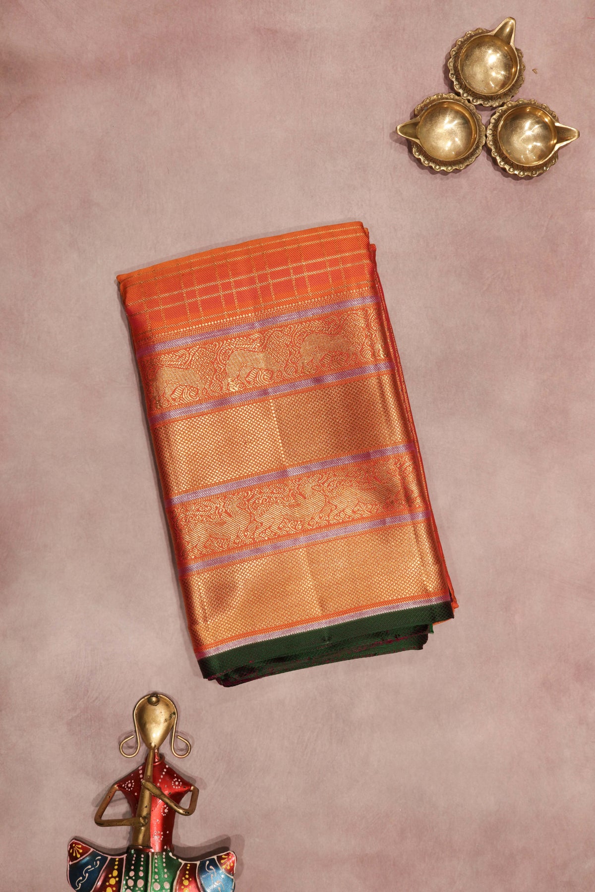 Orange Zari Checks Twill Silk Saree - Mokshaa