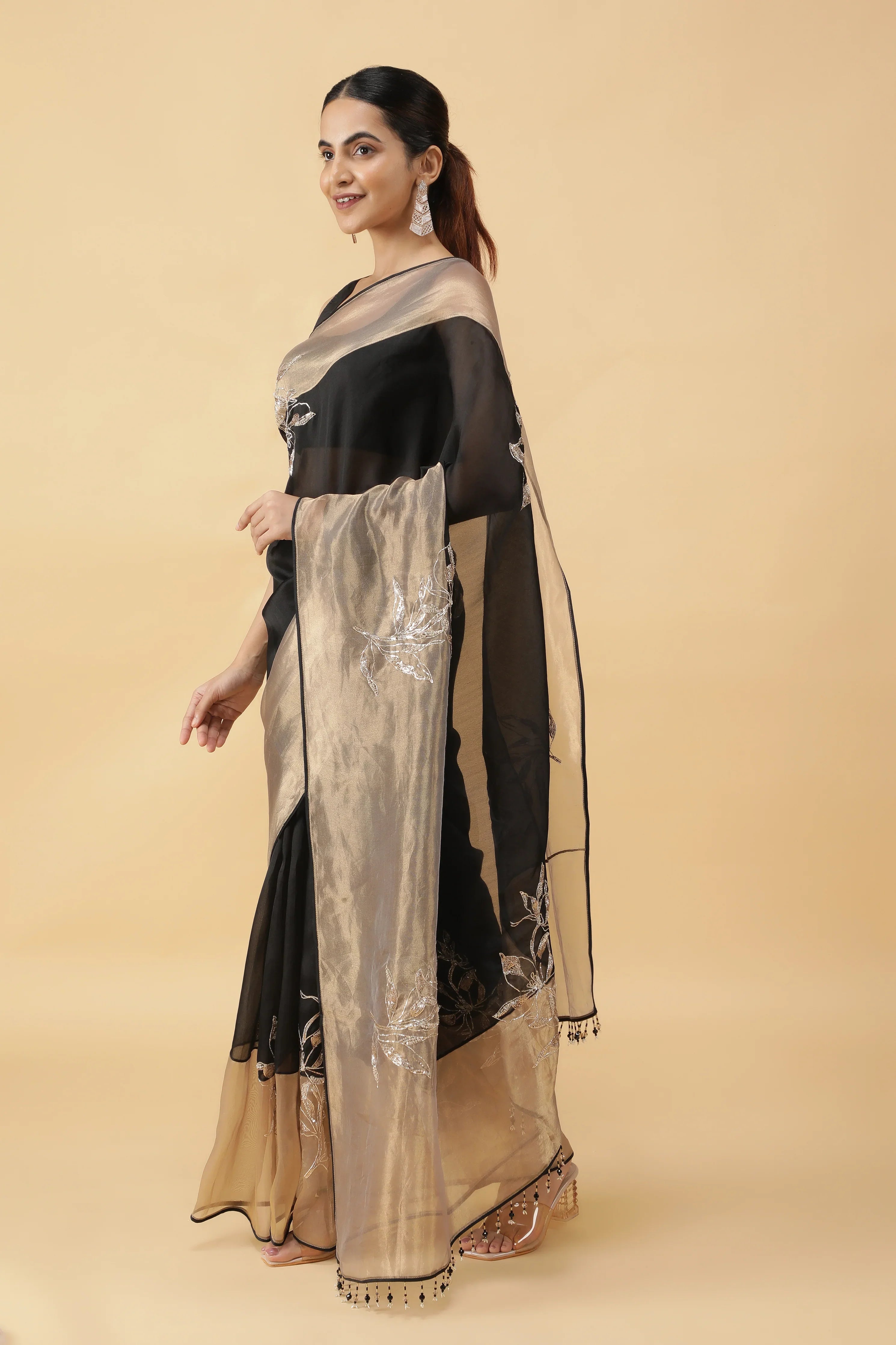 Black Organza Saree with Gold Tissue Border & Sequin Zari Motifs - Mokshaa