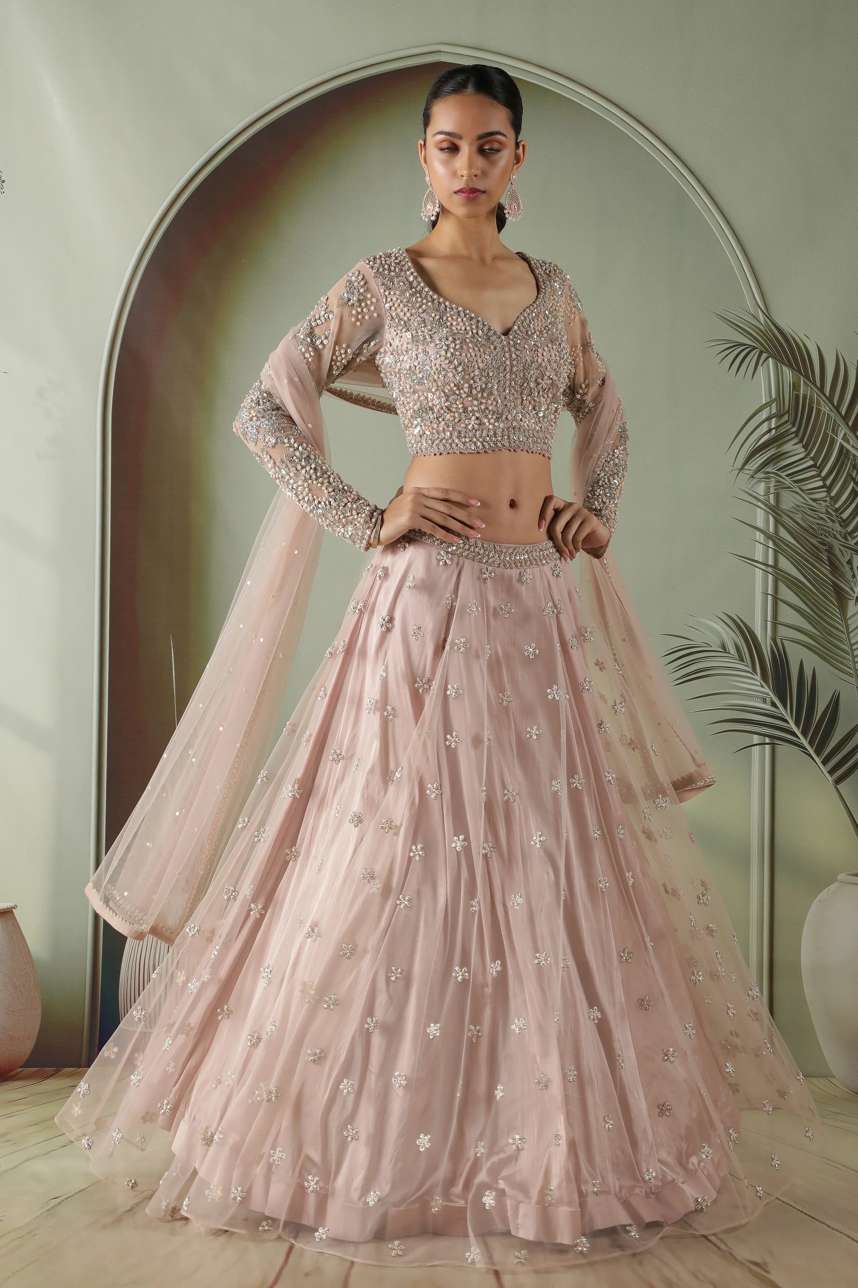 Dusty Rose Long-Sleeve Mirror & Pearl Embroidered Net Lehenga Set - Mokshaa