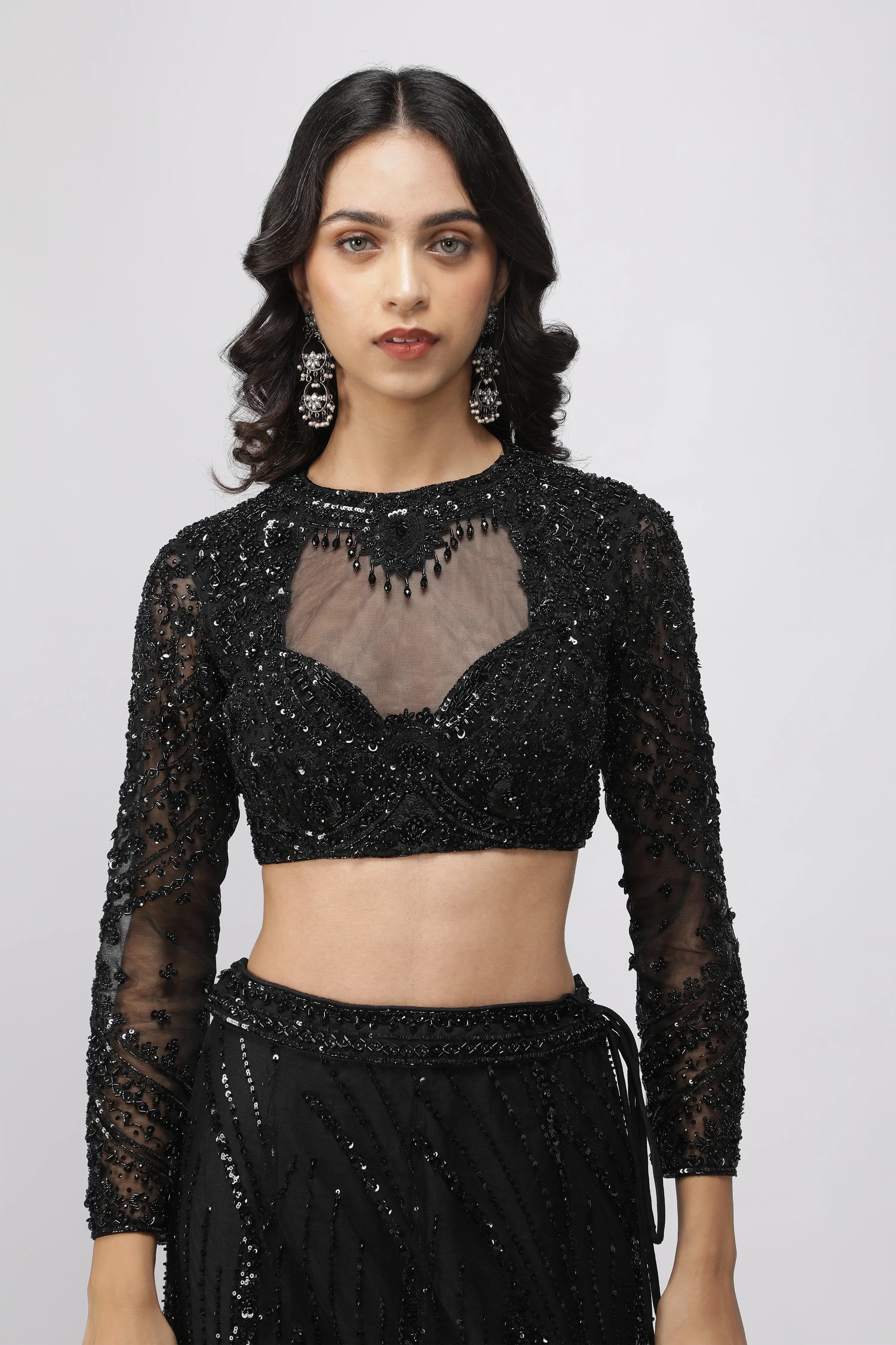 Black Net Sequin Embroidered Mermaid Lehenga Set with Ruffle Dupatta - Mokshaa